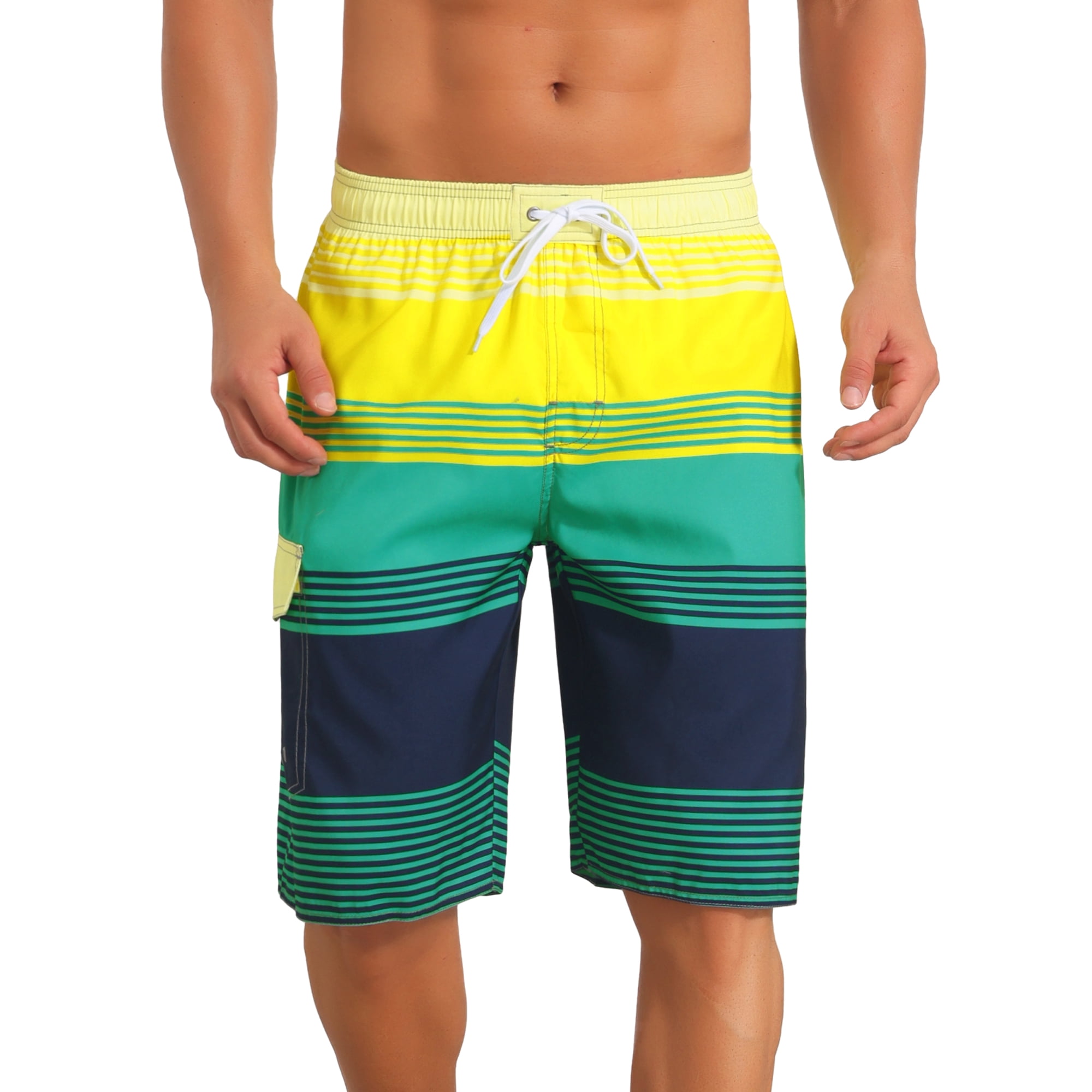 DARING DIVA Men's Colorblock Striped Swimming Shorts Adjustable Drawstring 38 Green