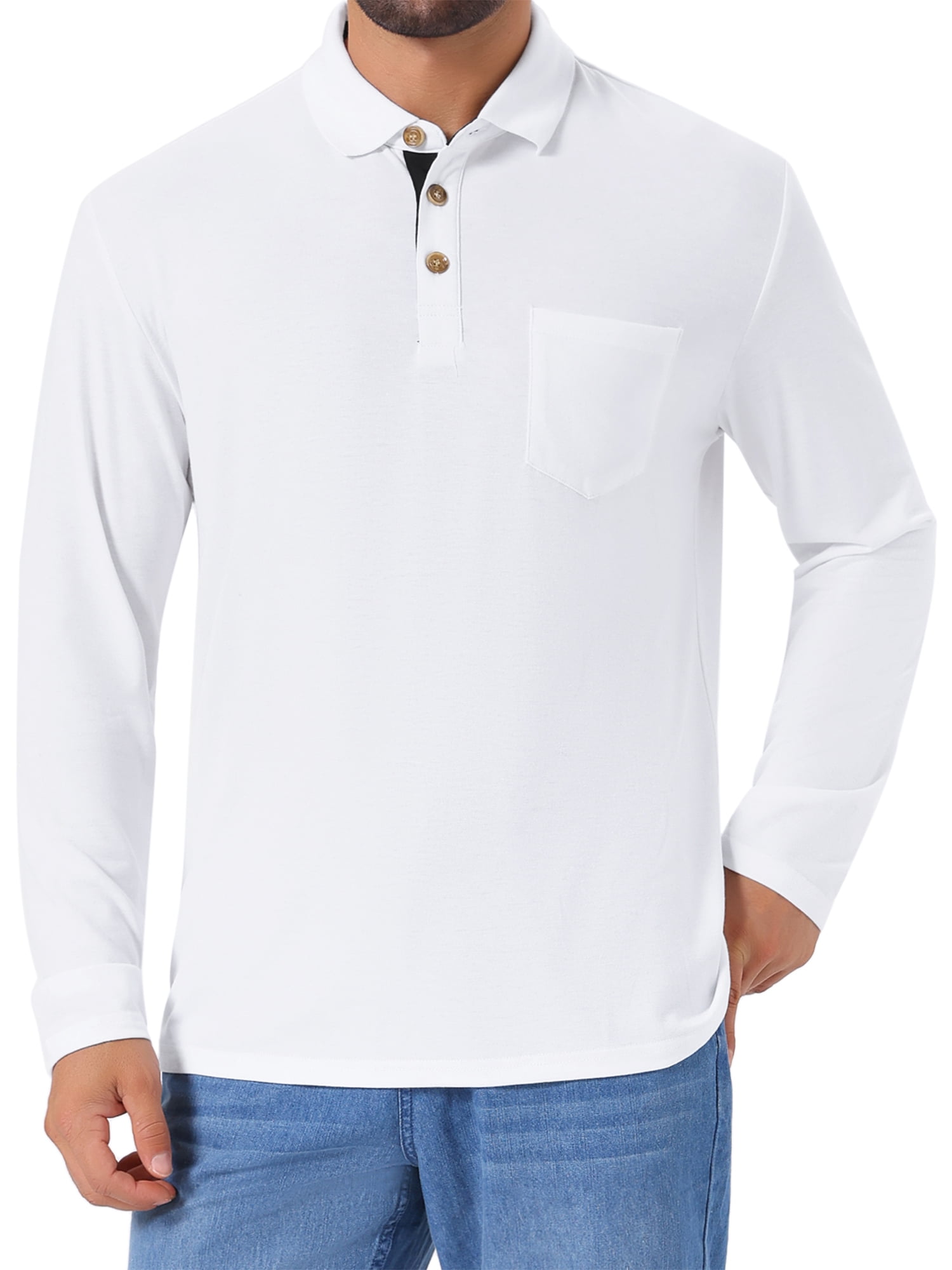 DARING DIVA Men's Contrast Button Collared Long Sleeves Golf Polo T-Shirts 2XL White