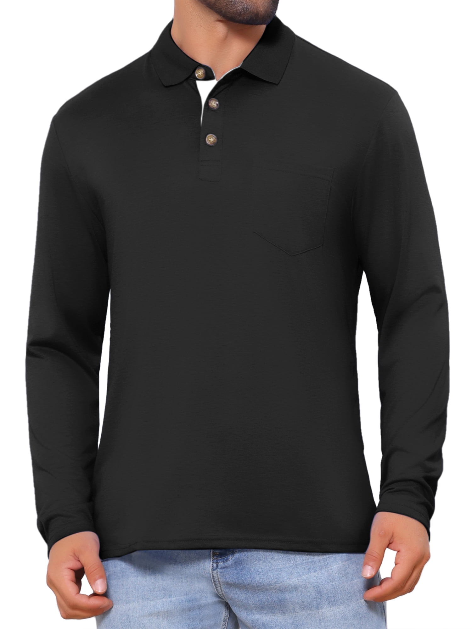 DARING DIVA Men's Contrast Button Collared Long Sleeves Golf Polo T-Shirts L Black