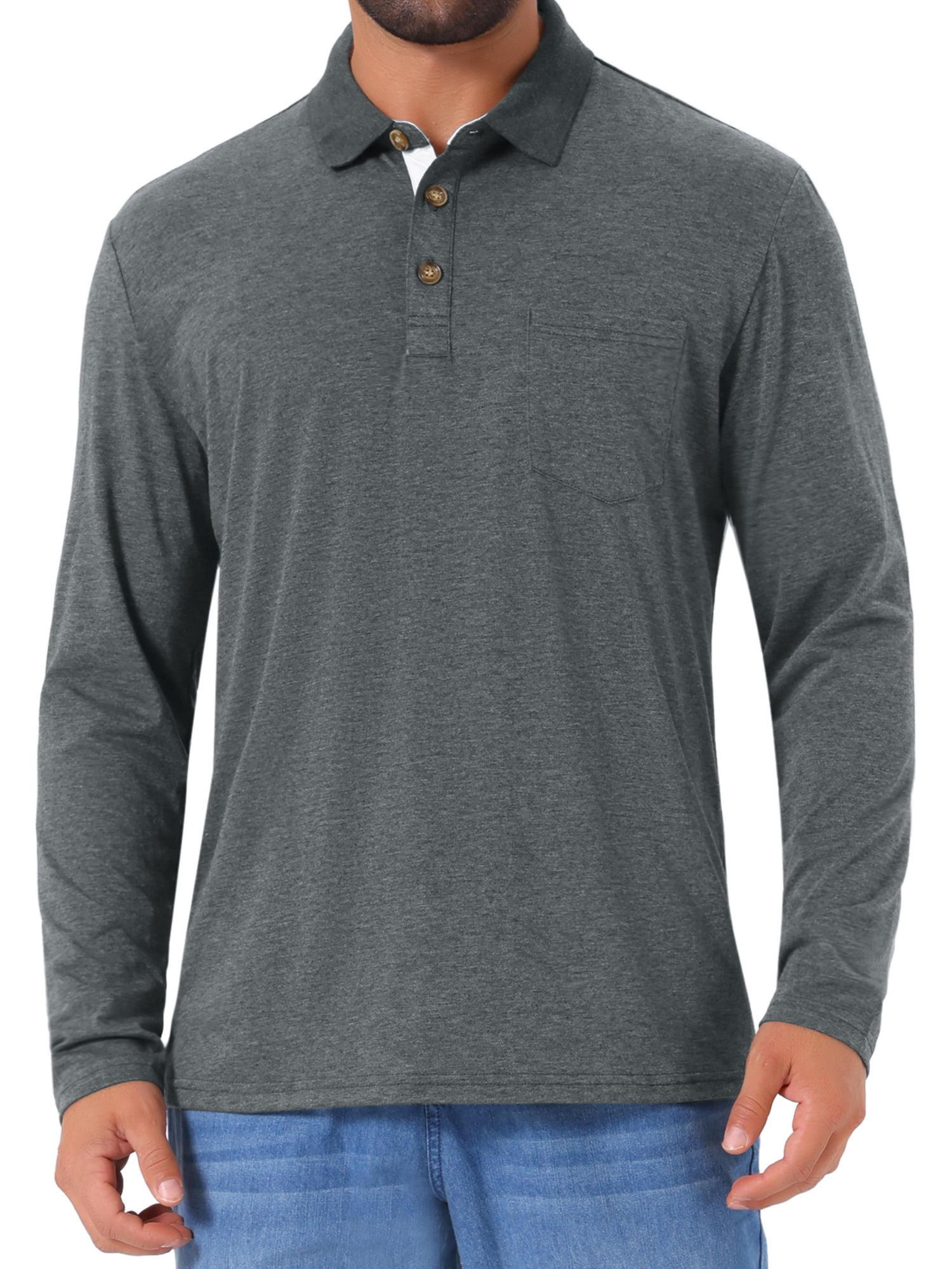 DARING DIVA Men's Contrast Button Collared Long Sleeves Golf Polo T-Shirts L Dark Gray