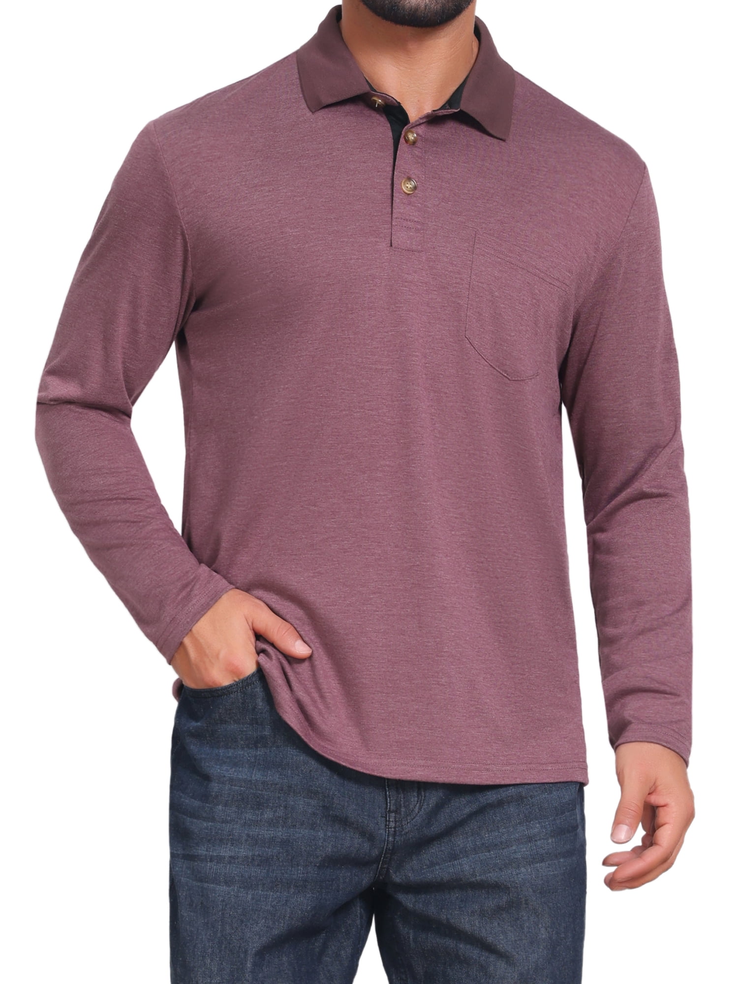 DARING DIVA Men's Contrast Button Collared Long Sleeves Golf Polo T-Shirts M Burgundy