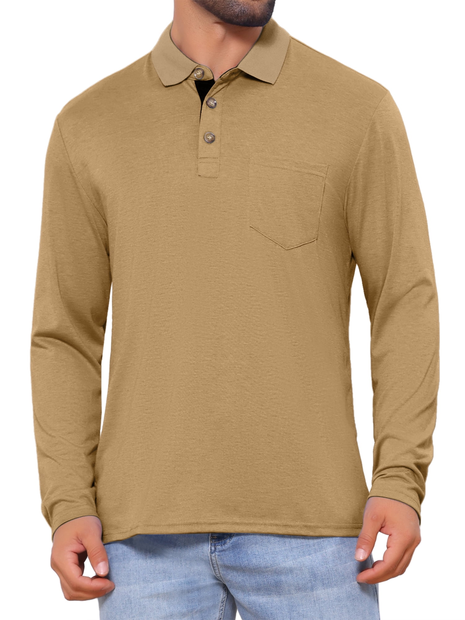 DARING DIVA Men's Contrast Button Collared Long Sleeves Golf Polo T-Shirts M Khaki