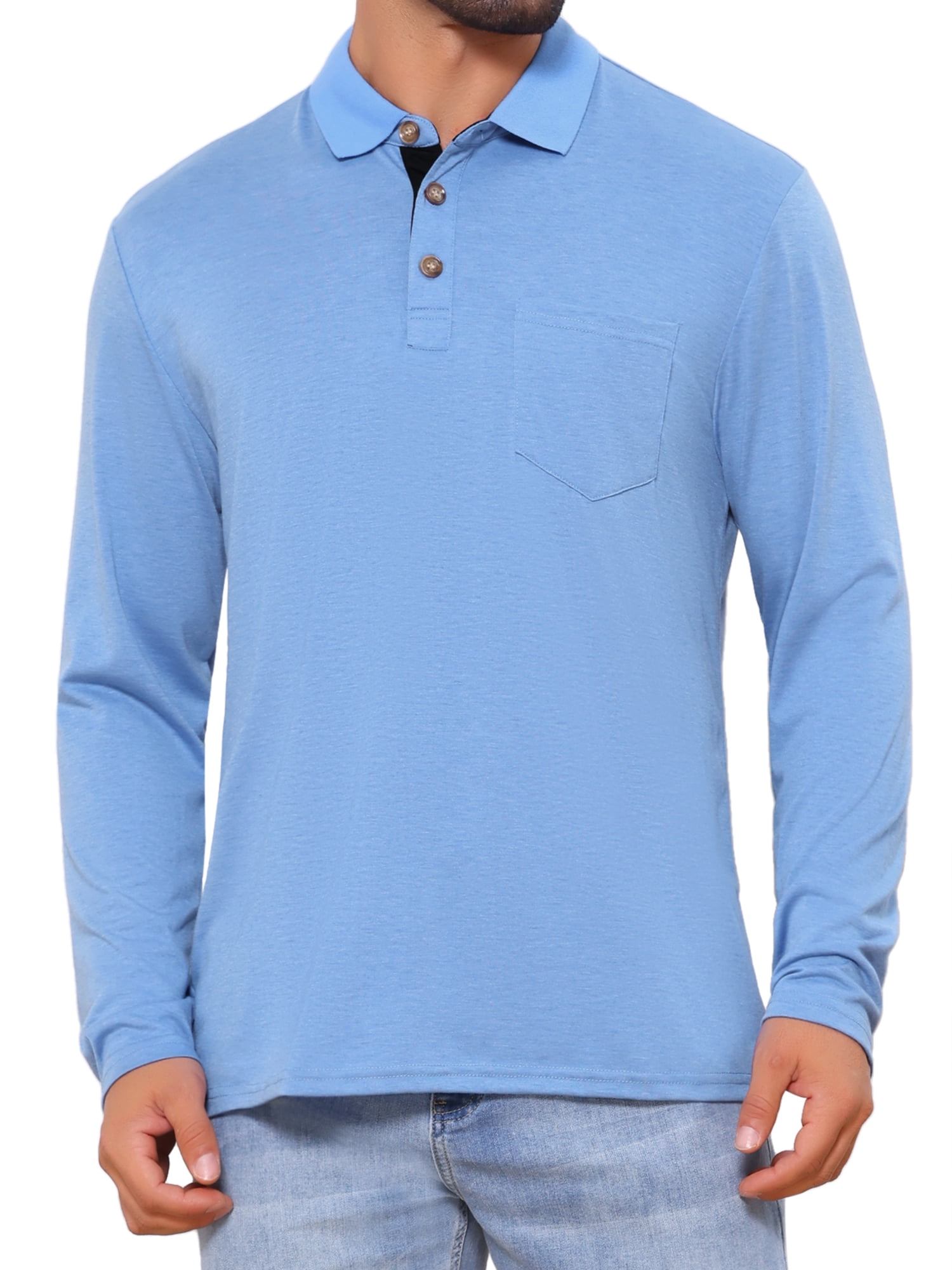 DARING DIVA Men's Contrast Button Collared Long Sleeves Golf Polo T-Shirts M Light Blue