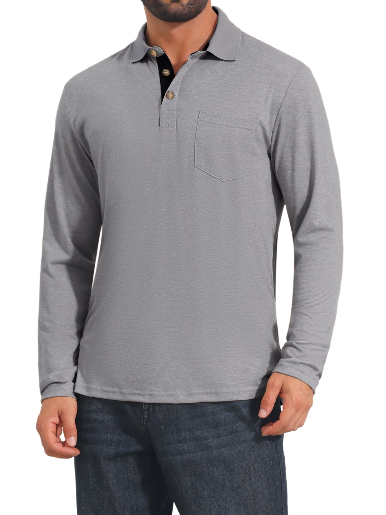 DARING DIVA Men's Contrast Button Collared Long Sleeves Golf Polo T-Shirts S Light Gray