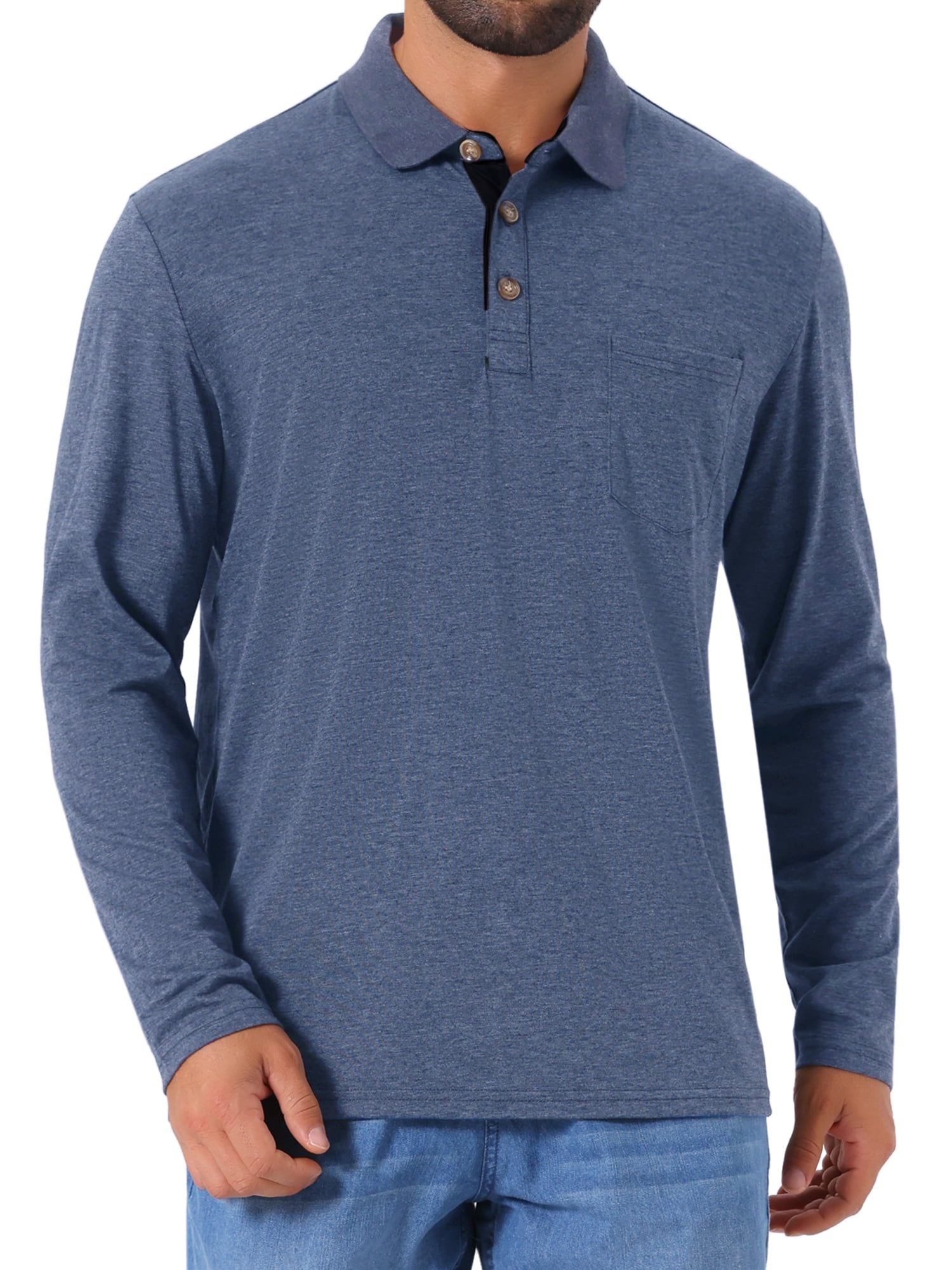 DARING DIVA Men's Contrast Button Collared Long Sleeves Golf Polo T-Shirts XL Dark Blue