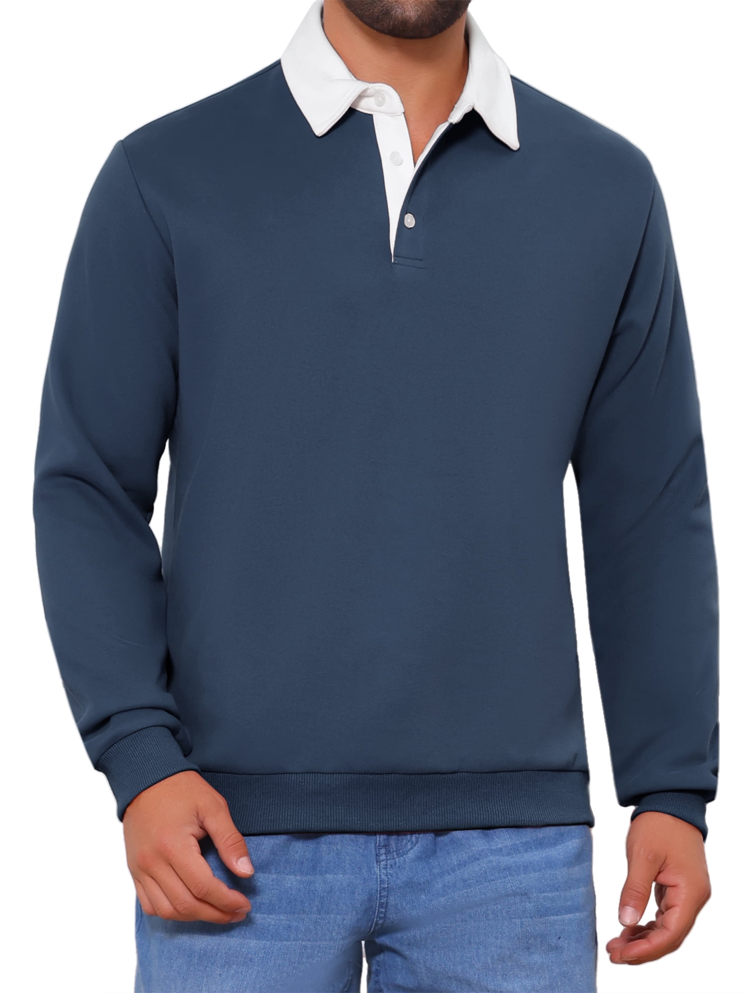 DARING DIVA Men's Contrast Collared Long Sleeves Pullover Polo Sweatshirt 2XL Dark Blue