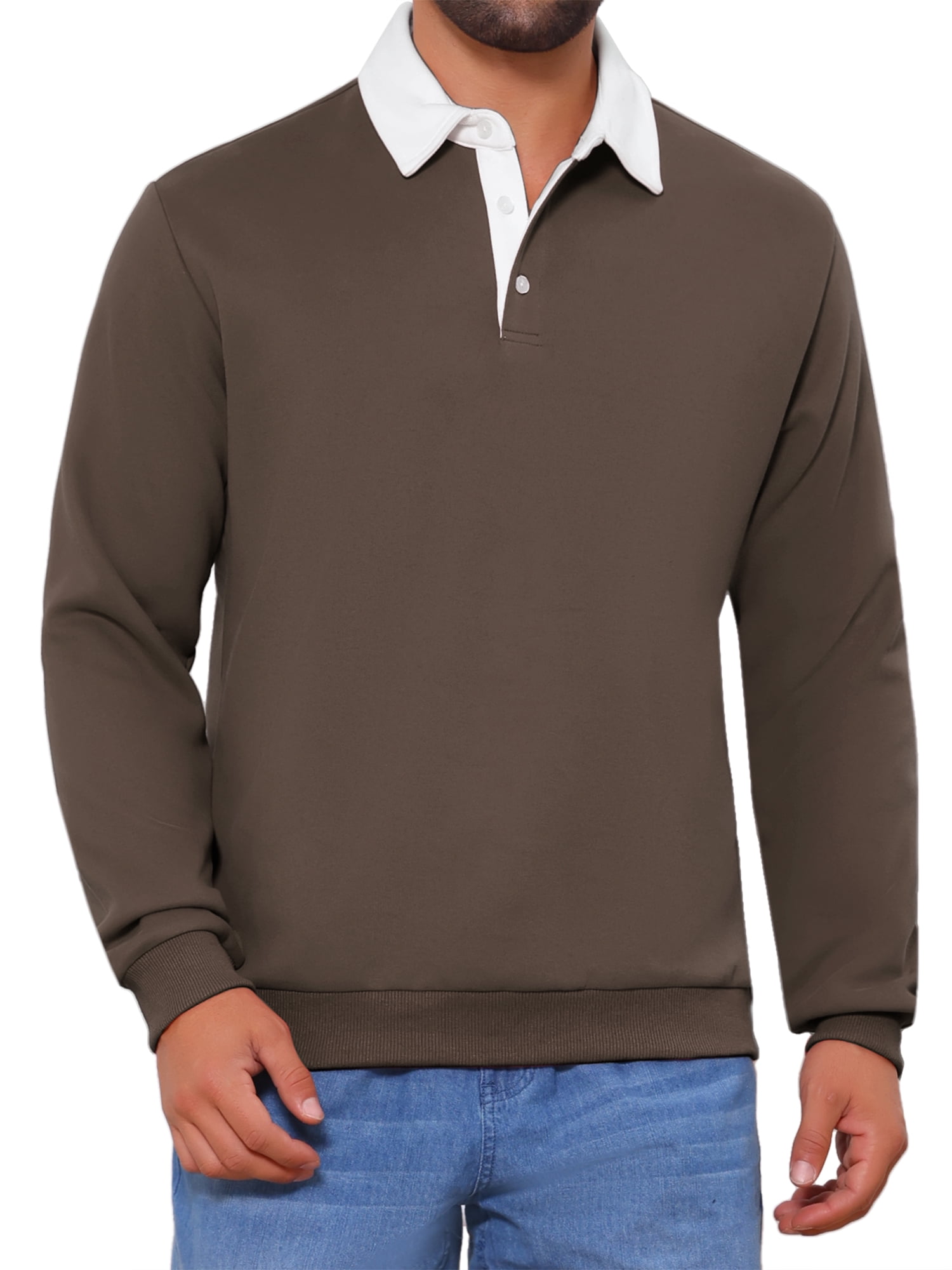 DARING DIVA Men's Contrast Collared Long Sleeves Pullover Polo Sweatshirt L Brown