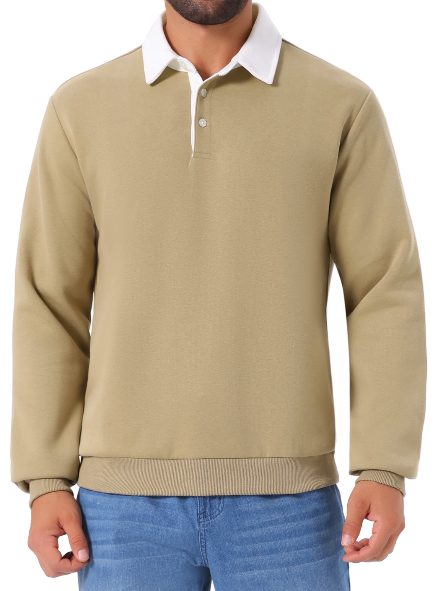 DARING DIVA Men's Contrast Collared Long Sleeves Pullover Polo Sweatshirt L Khaki