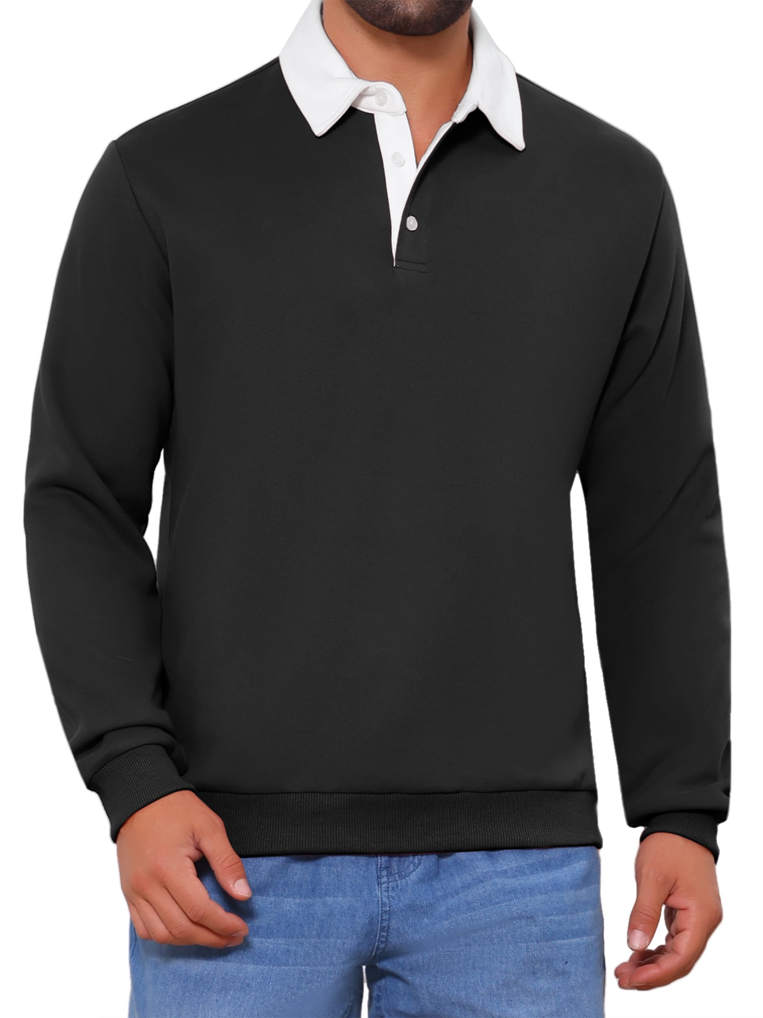 DARING DIVA Men's Contrast Collared Long Sleeves Pullover Polo Sweatshirt S Black