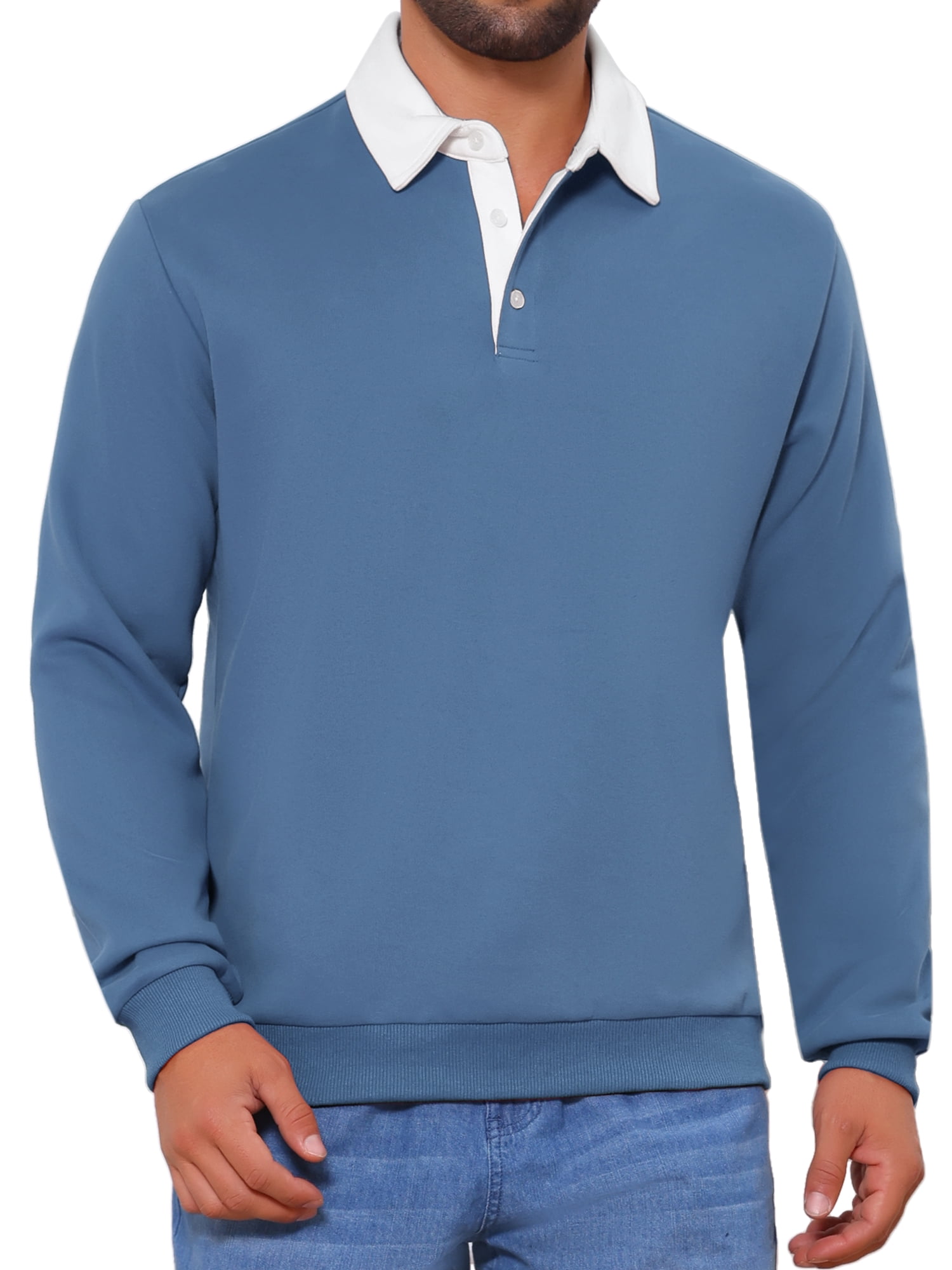 DARING DIVA Men's Contrast Collared Long Sleeves Pullover Polo Sweatshirt XL Blue