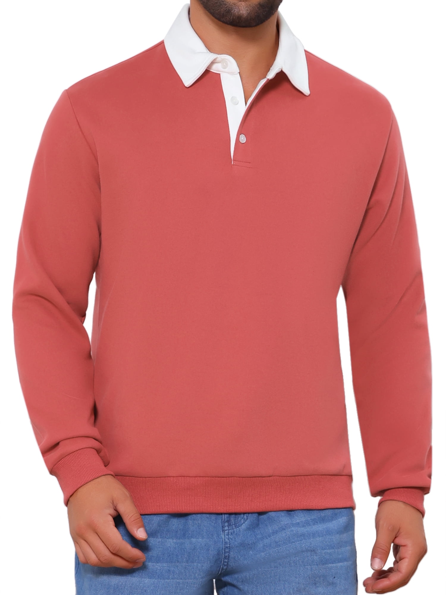 DARING DIVA Men's Contrast Collared Long Sleeves Pullover Polo Sweatshirt XL Red
