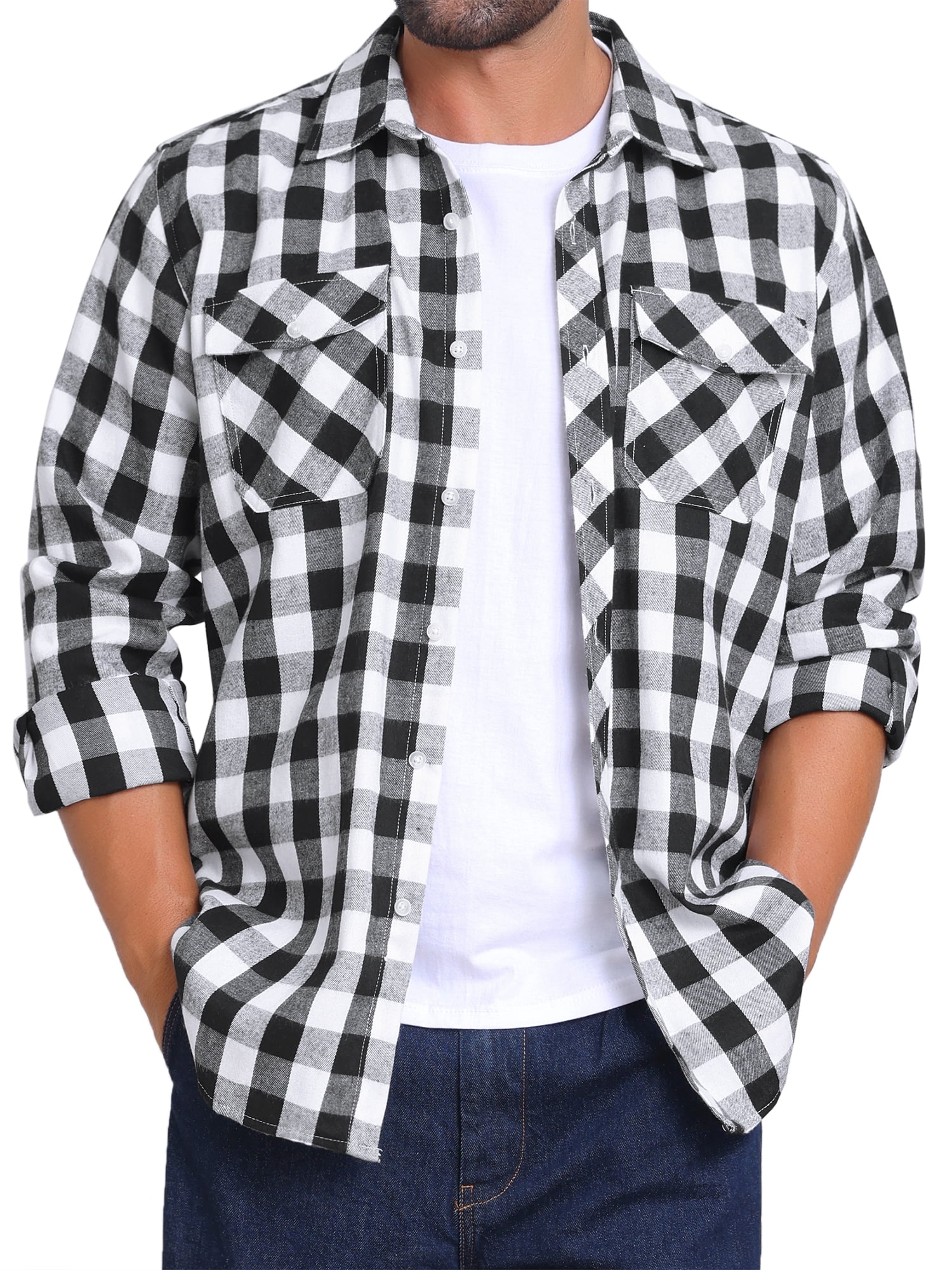 DARING DIVA Men's Contrast Color Slim Fit Long Sleeved Button Down Shirts S Black White