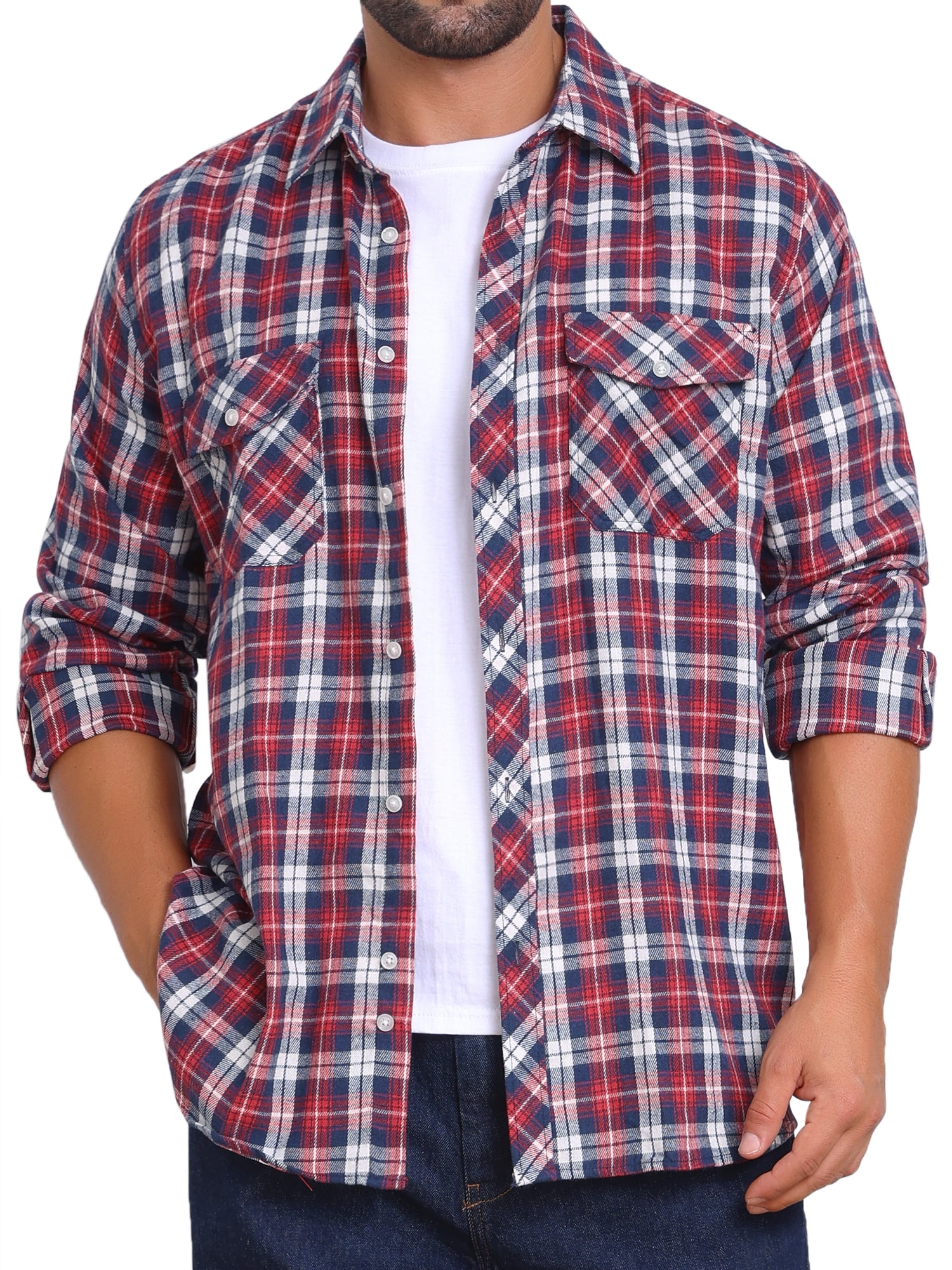 DARING DIVA Men's Contrast Color Slim Fit Long Sleeved Button Down Shirts XL Red Navy