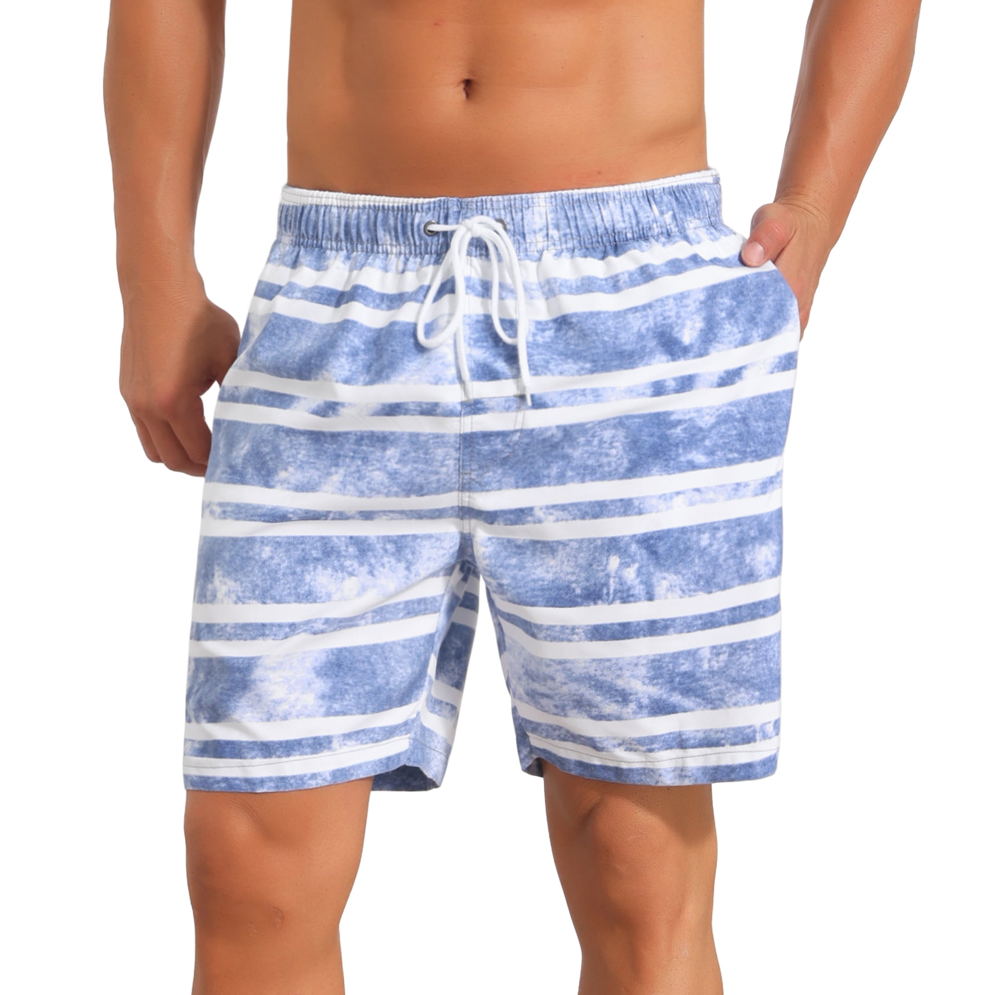 DARING DIVA Men's Contrast Pattern Board Drawstring Bathing Beach Shorts 32 Blue