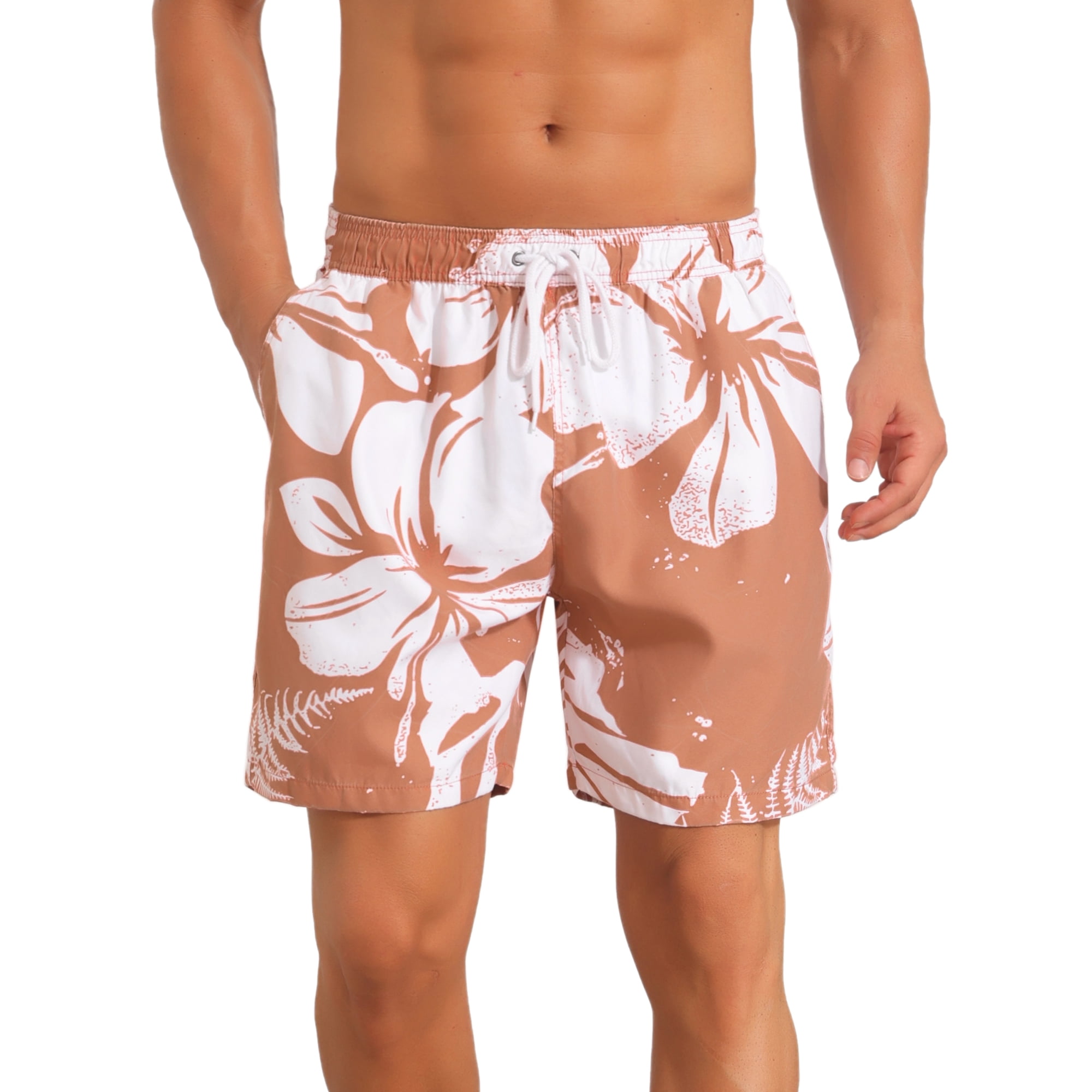 DARING DIVA Men's Contrast Pattern Board Drawstring Bathing Beach Shorts 32 Light Orange