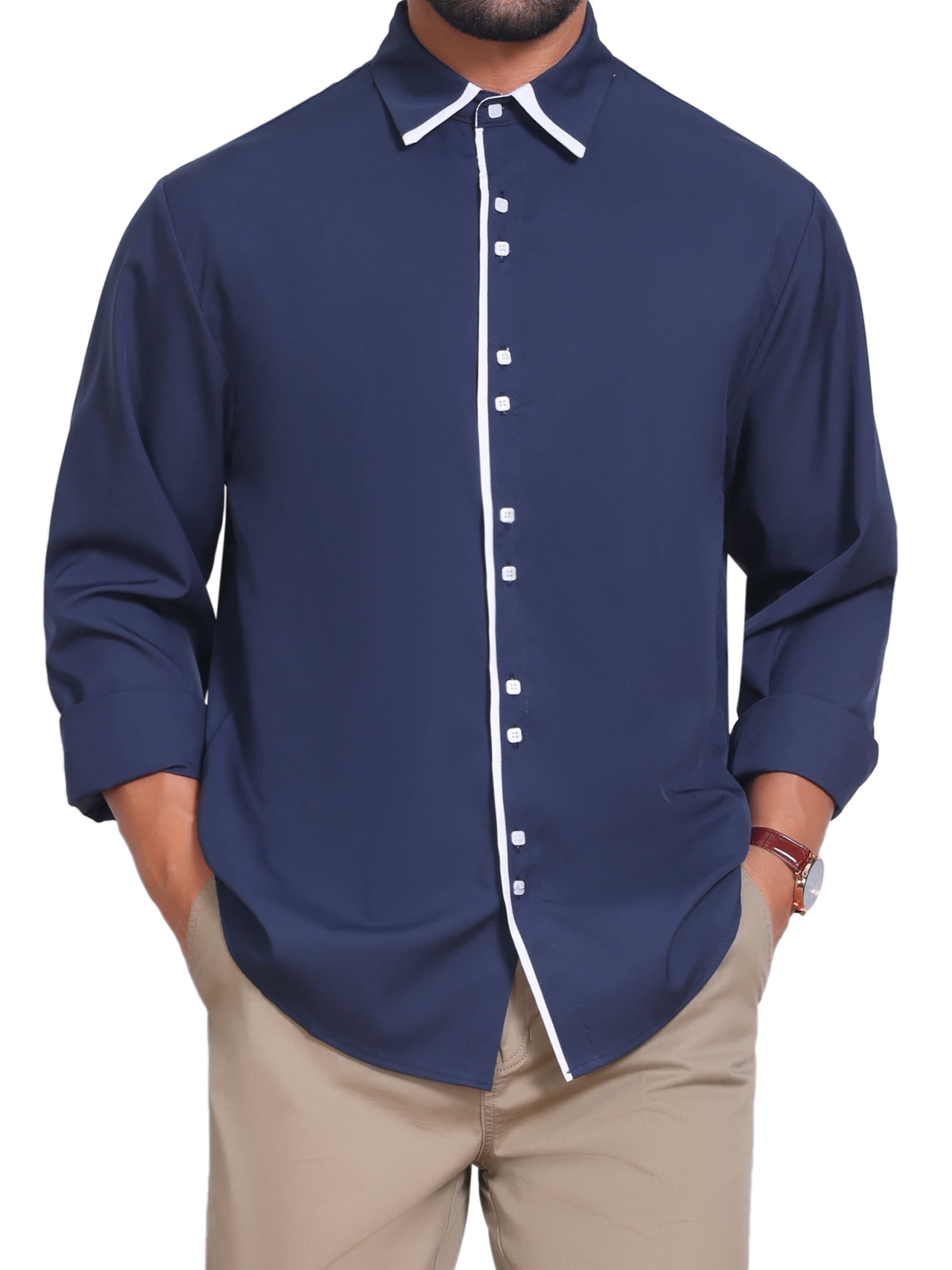 DARING DIVA Men's Contrast Trim Long Sleeve Button Down Formal Shirts S Dark Blue
