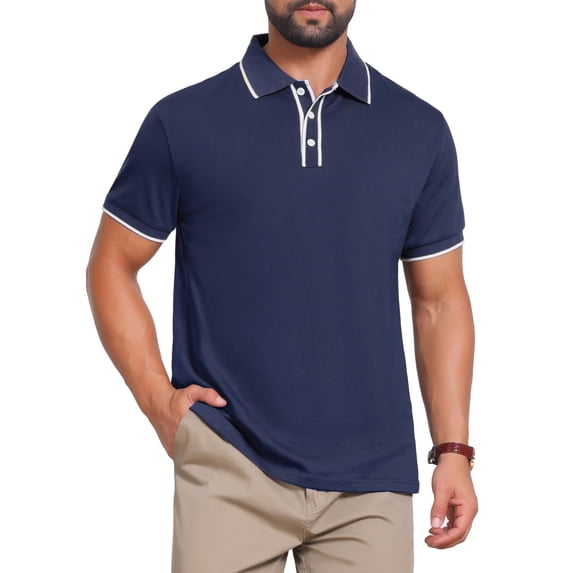 DARING DIVA Men's Contrast Trim Short Sleeve Button Closure Polo Shirts 2XL Navy Blue