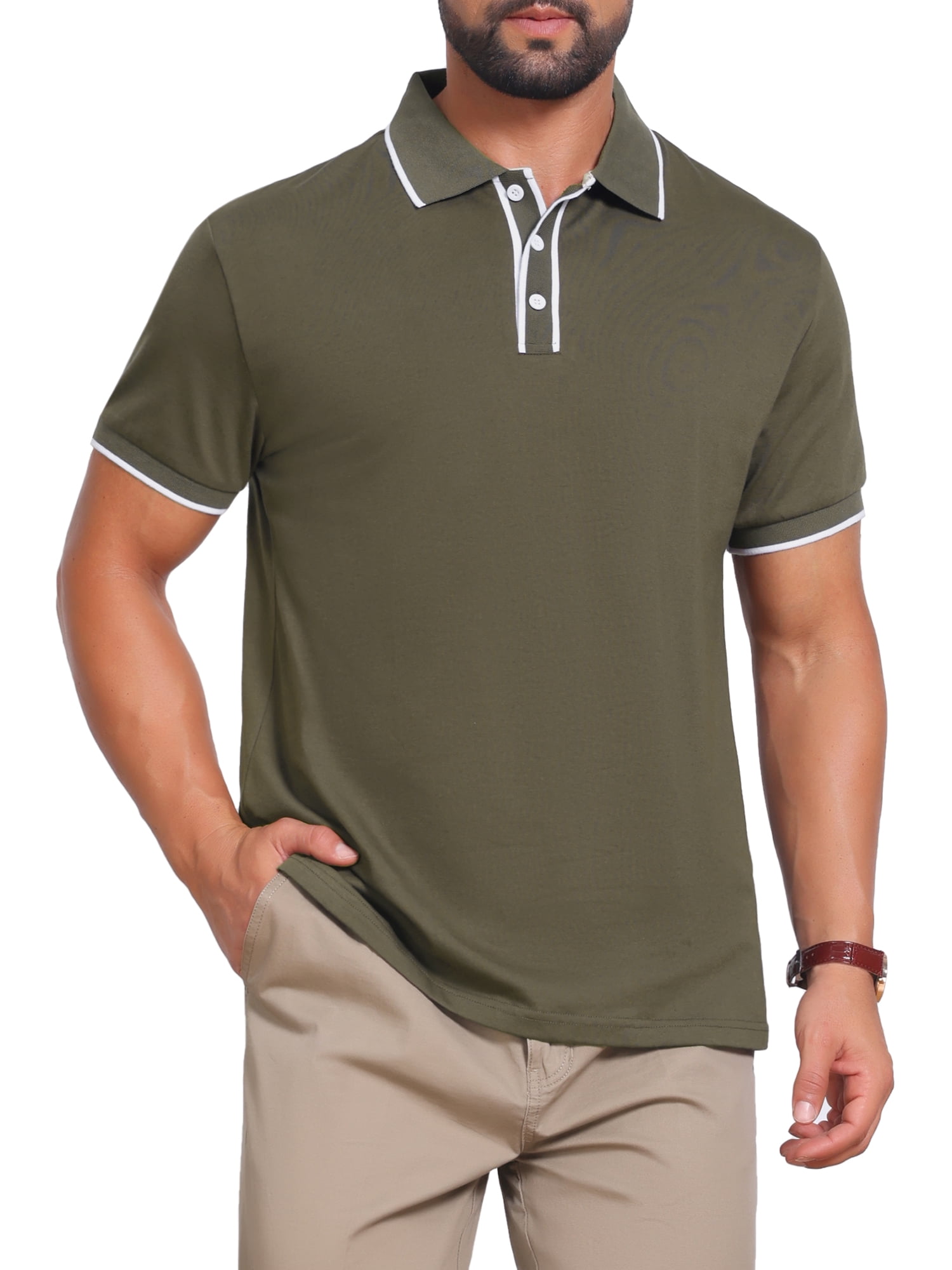 DARING DIVA Men's Contrast Trim Short Sleeve Button Closure Polo Shirts 2XL Olive Green