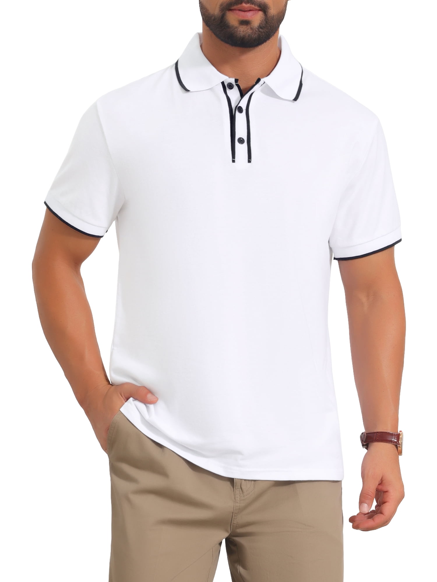 DARING DIVA Men's Contrast Trim Short Sleeve Button Closure Polo Shirts 2XL White