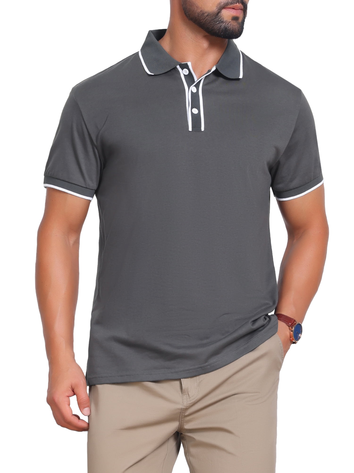 DARING DIVA Men's Contrast Trim Short Sleeve Button Closure Polo Shirts L Dark Gray