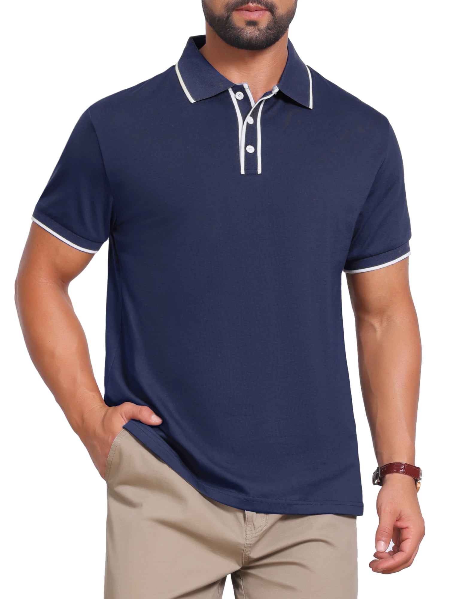 DARING DIVA Men's Contrast Trim Short Sleeve Button Closure Polo Shirts L Navy Blue