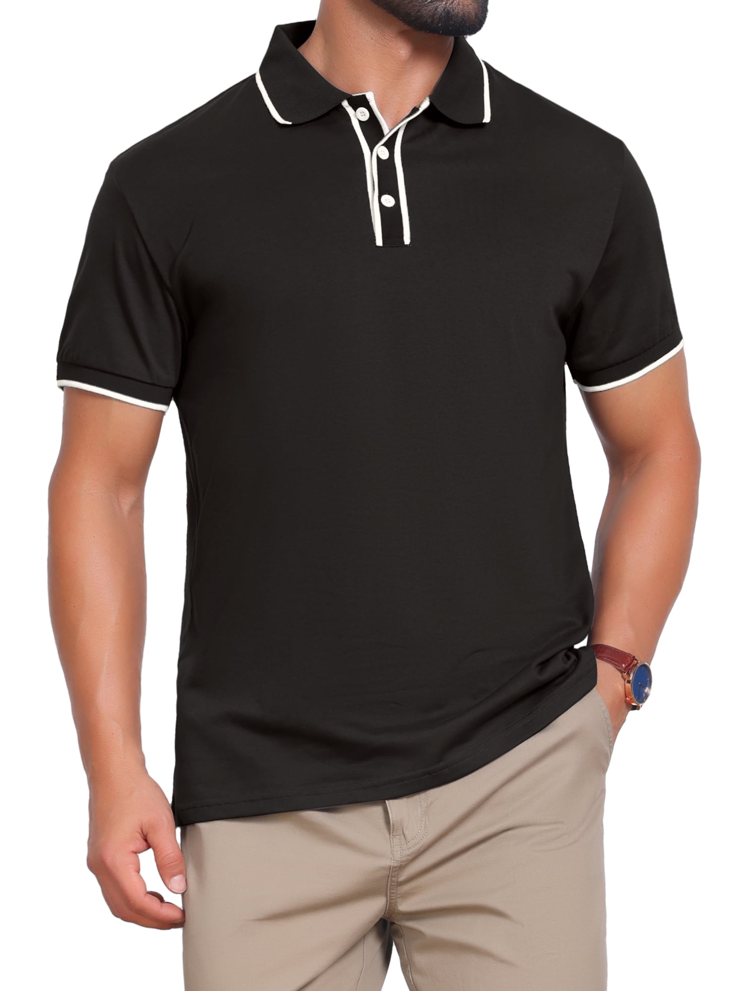 DARING DIVA Men's Contrast Trim Short Sleeve Button Closure Polo Shirts XL Black