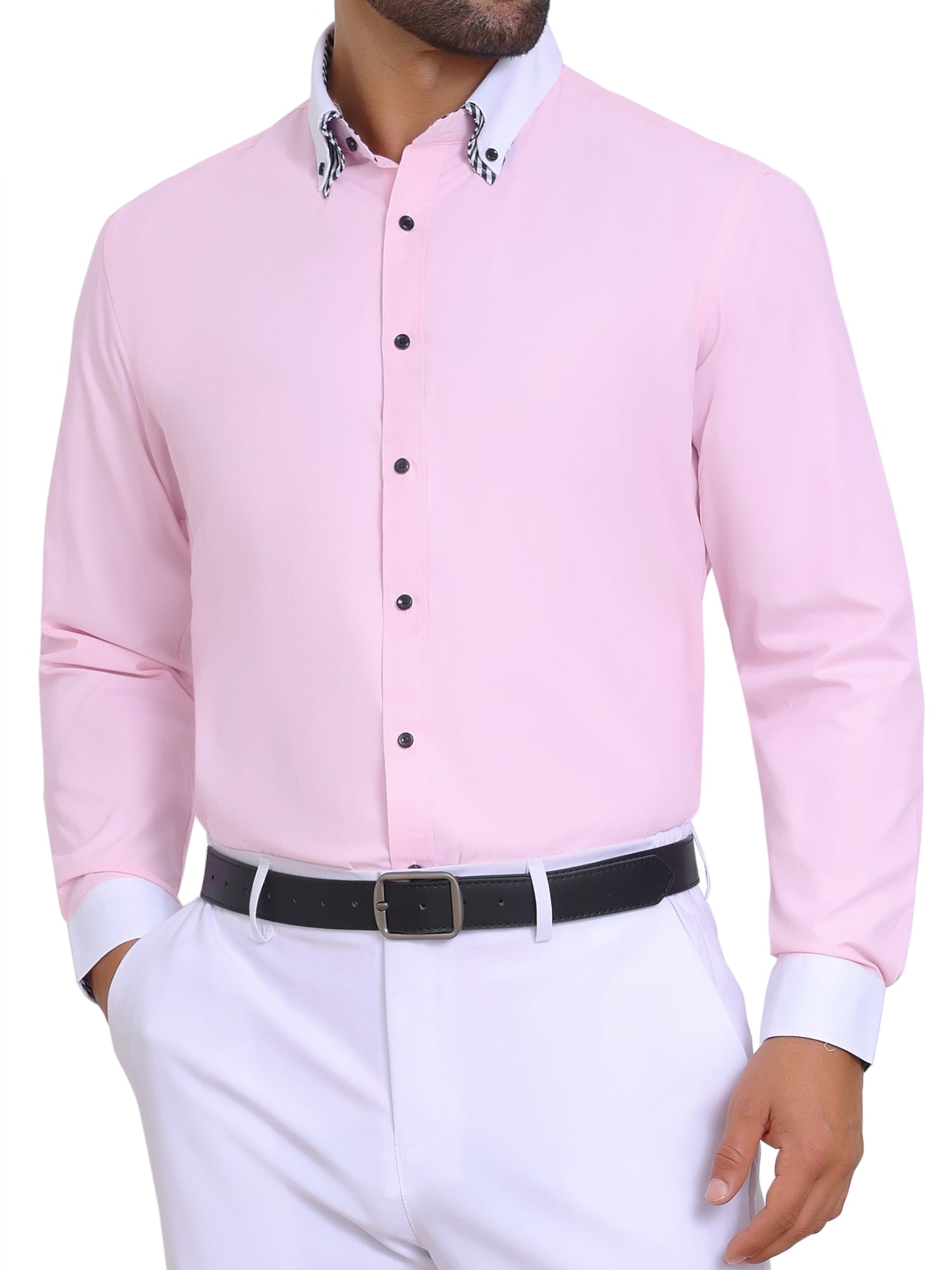 DARING DIVA Men's Contrasting Color Collar Long Sleeve Button Down Shirts S Pink