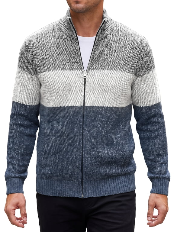 Men's Contrasting Colors Stripe Cable Knit Stand Collar Jacket S Gray Navy