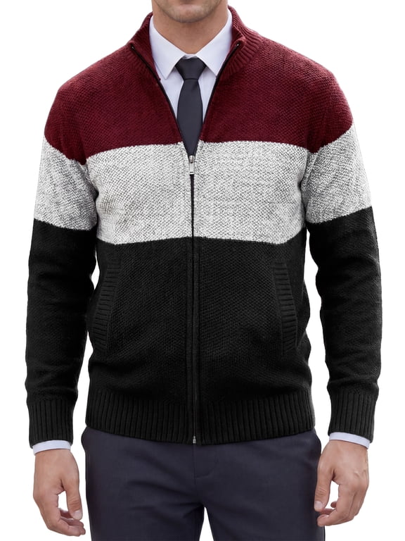 Men's Contrasting Colors Stripe Cable Knit Stand Collar Jacket S Multicolor