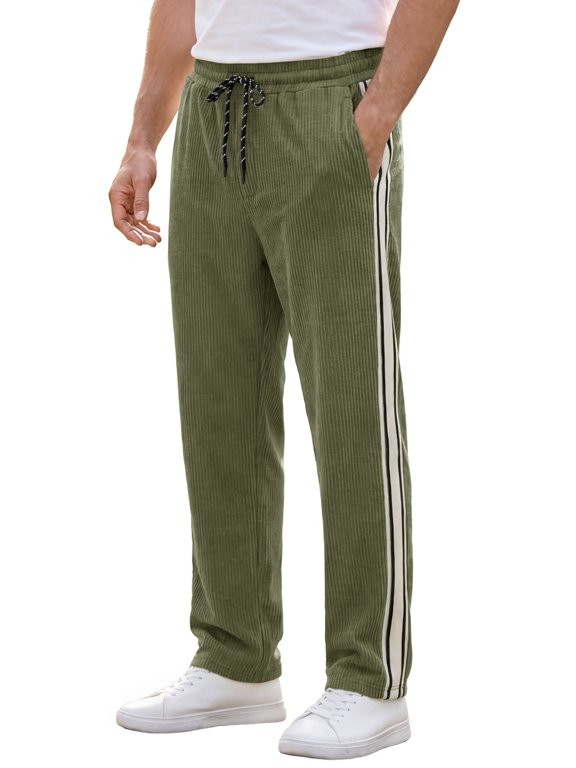 Men's Corduroy Patchwork Stripe Drawstring Waist Pants for Wear 34 Green