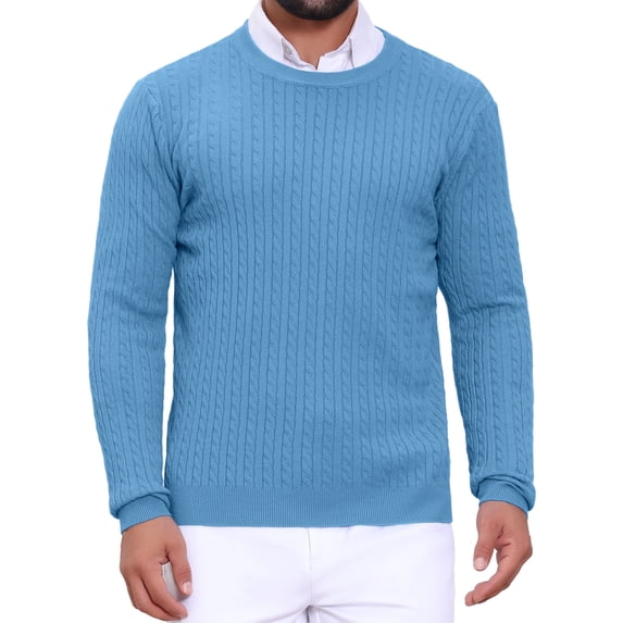 DARING DIVA Men's Crew Neck Long Sleeve Soft Cable Knit Pullover Sweater L Blue