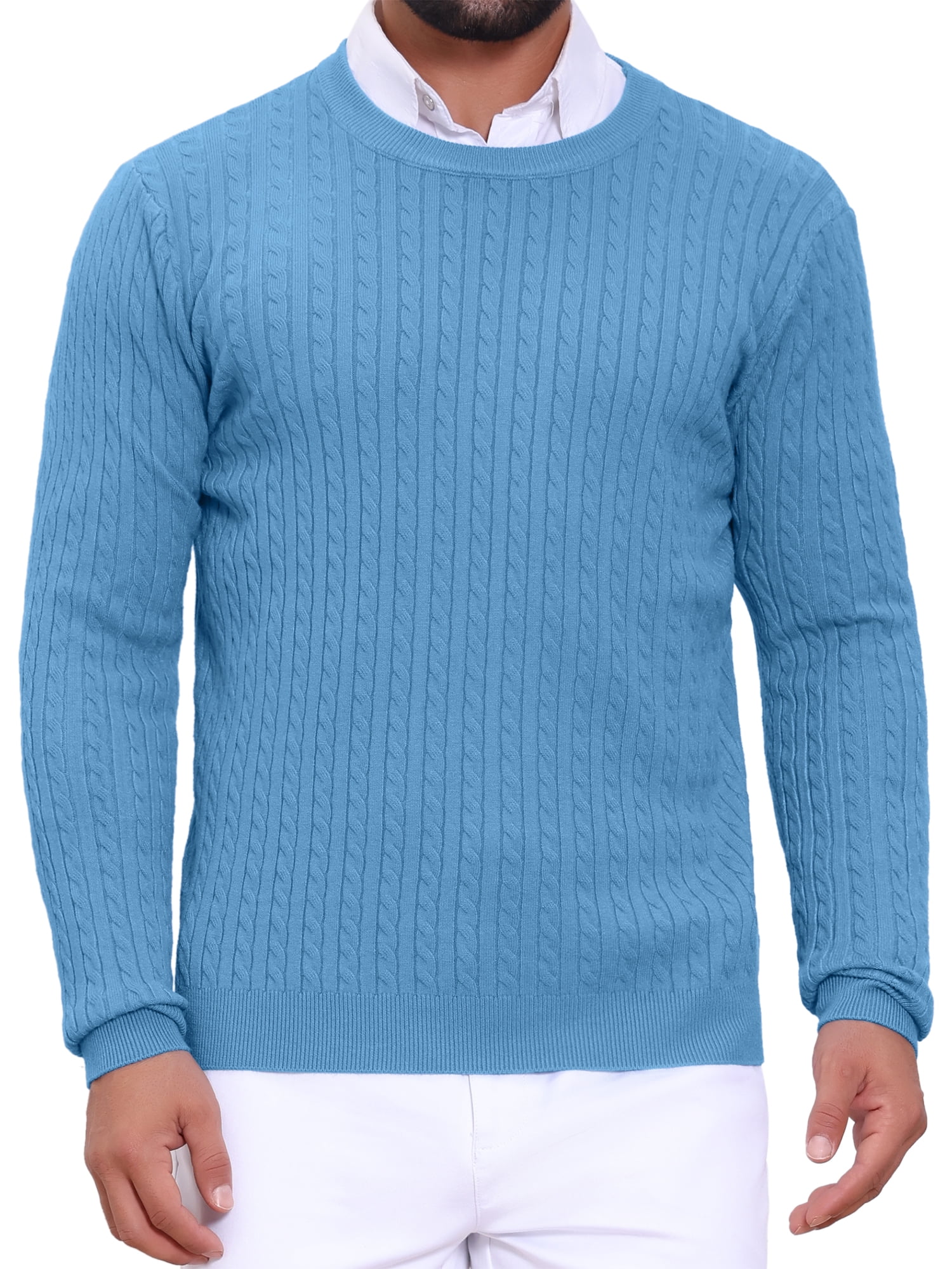 DARING DIVA Men's Crew Neck Long Sleeve Soft Cable Knit Pullover Sweater M Blue