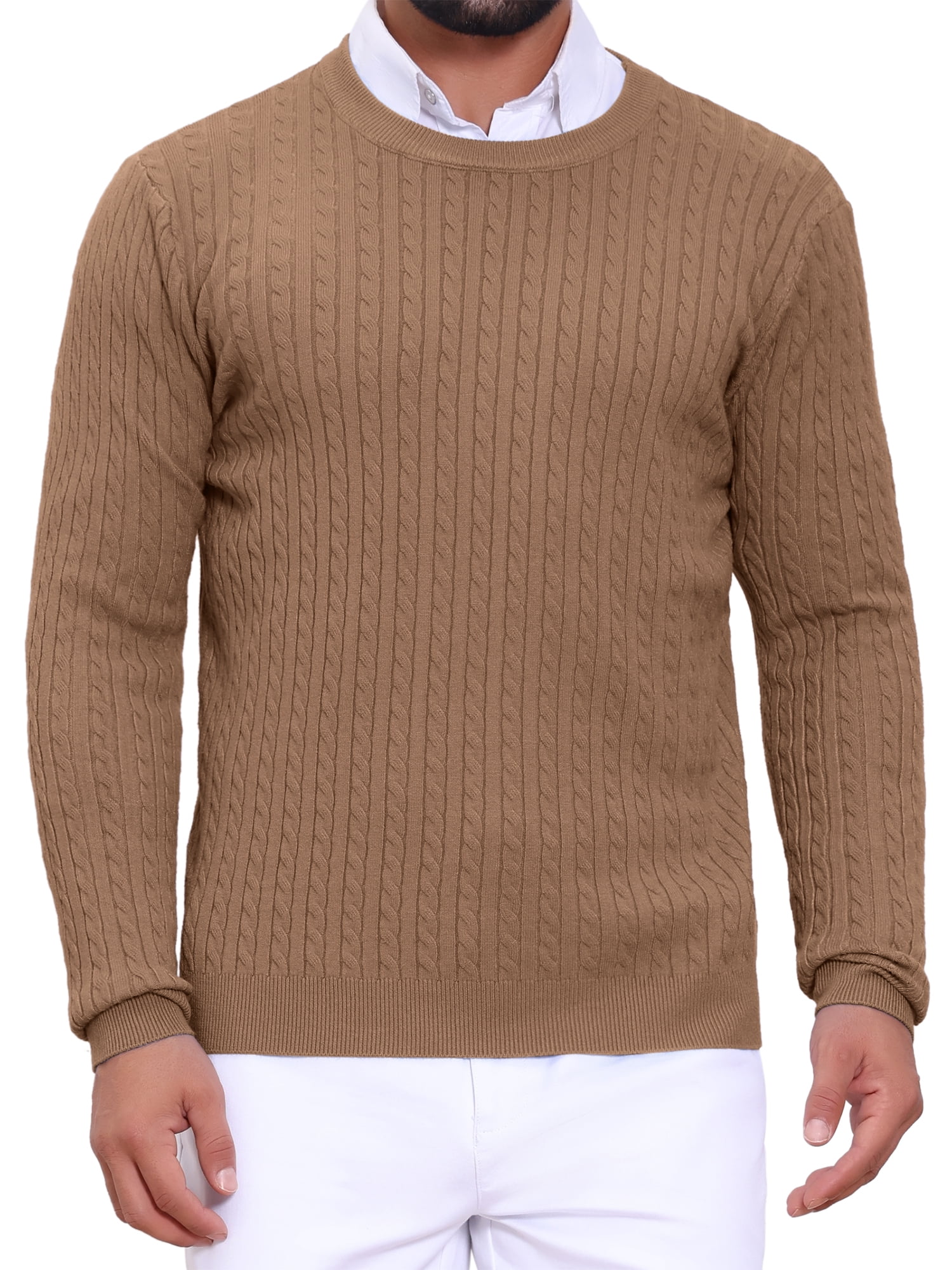DARING DIVA Men's Crew Neck Long Sleeve Soft Cable Knit Pullover Sweater M Brown