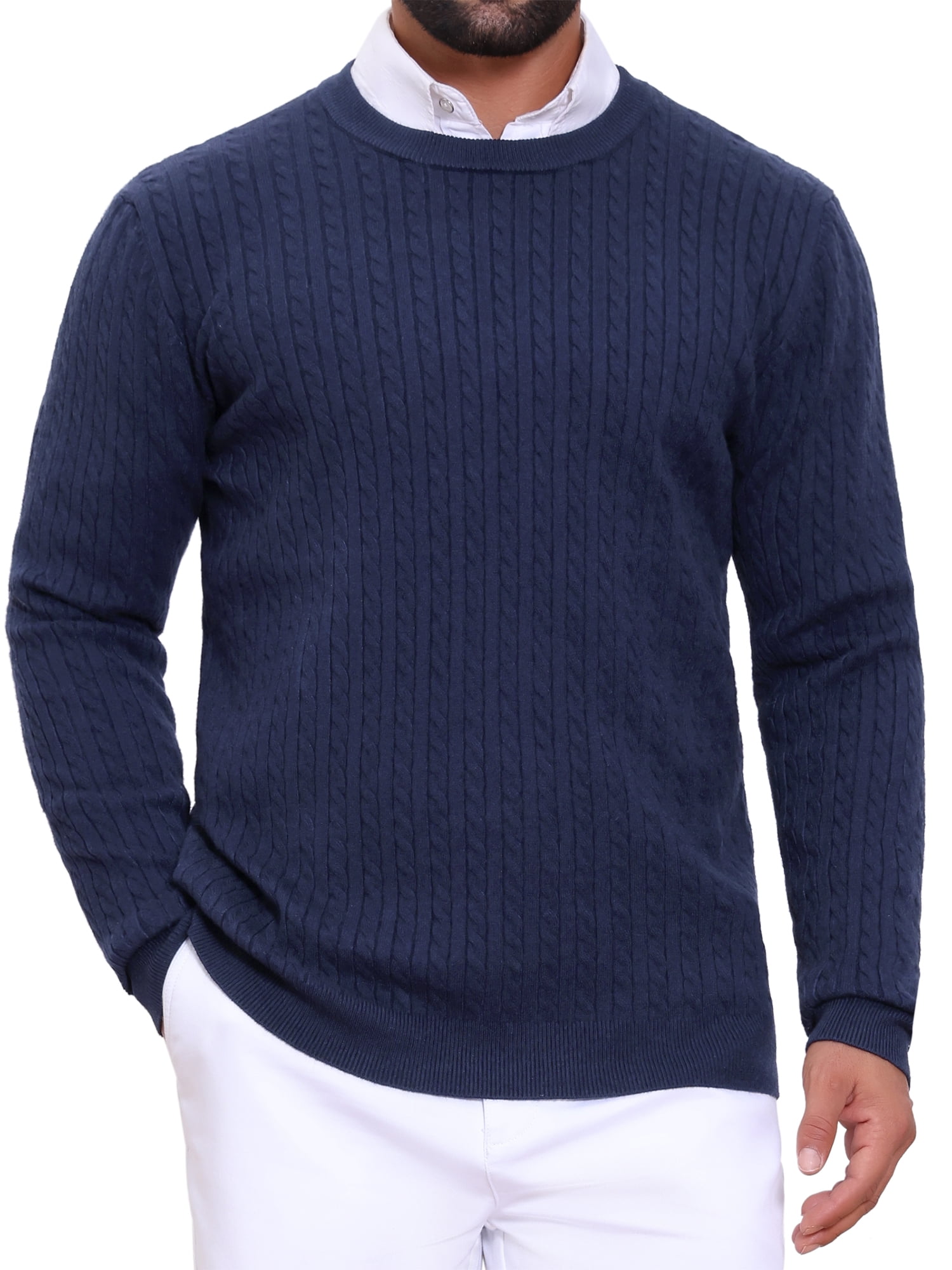 DARING DIVA Men's Crew Neck Long Sleeve Soft Cable Knit Pullover Sweater S Navy
