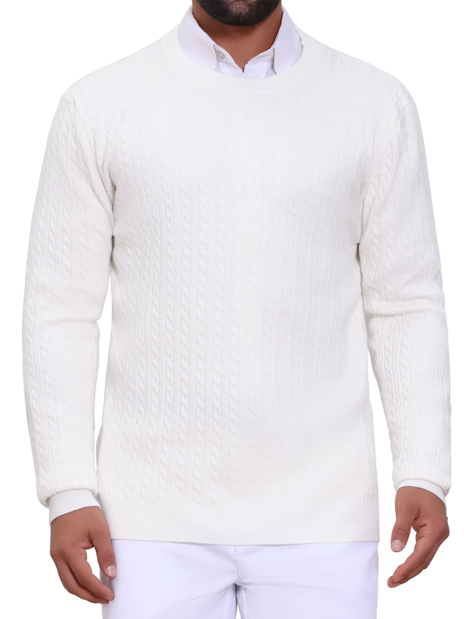 DARING DIVA Men's Crew Neck Long Sleeve Soft Cable Knit Pullover Sweater S White