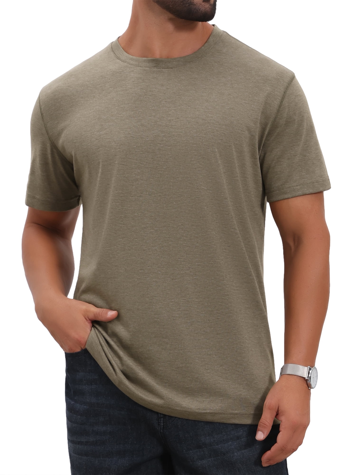 DARING DIVA Men's Crew Neck Short Sleeve Solid Color Retro Style T-Shirt L Khaki