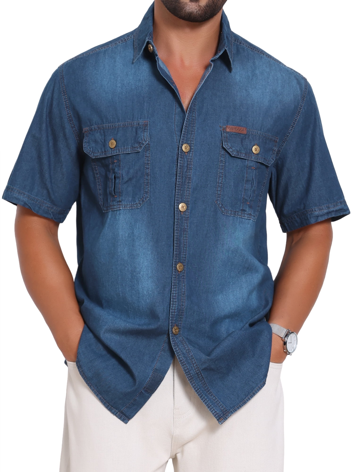 DARING DIVA Men's Denim Chest Pockets Western Retro Short Sleeve Shirts L Dark Blue