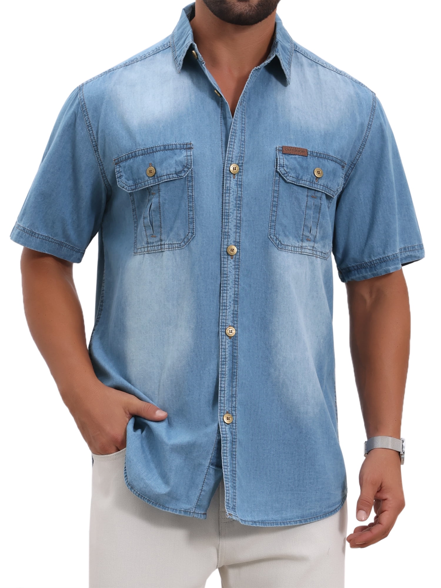 DARING DIVA Men's Denim Chest Pockets Western Retro Short Sleeve Shirts L Light Blue