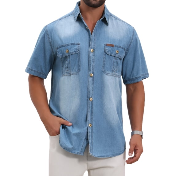 DARING DIVA Men's Denim Chest Pockets Western Retro Short Sleeve Shirts M Light Blue
