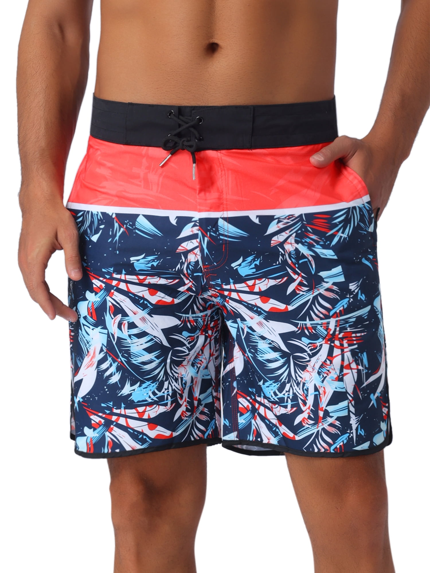 DARING DIVA Men's Elastic Waist Drawstring Hawaiian Print Athletic Swim Trunks 30 Black Red