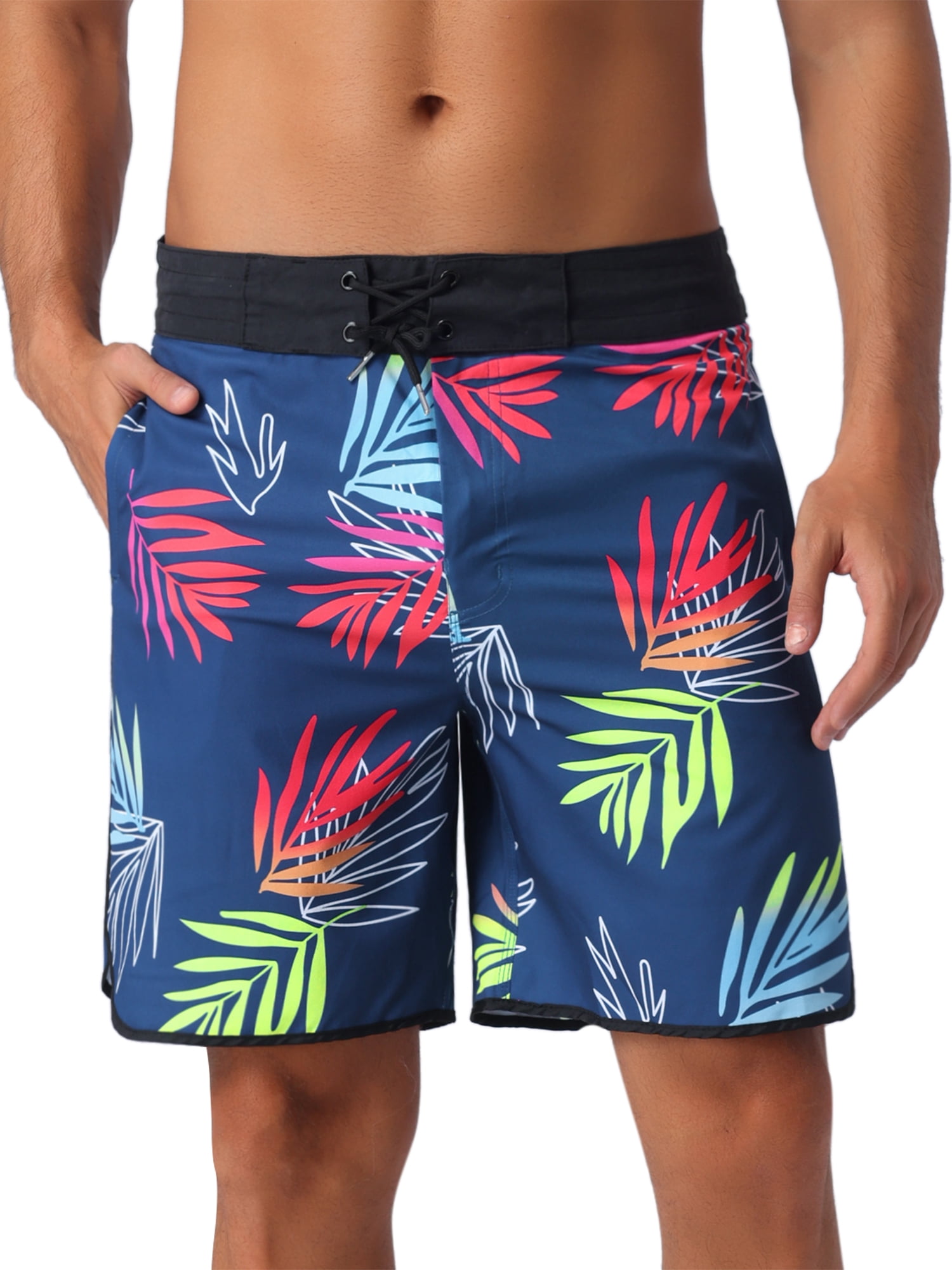 DARING DIVA Men's Elastic Waist Drawstring Hawaiian Print Athletic Swim Trunks 36 Dark Blue