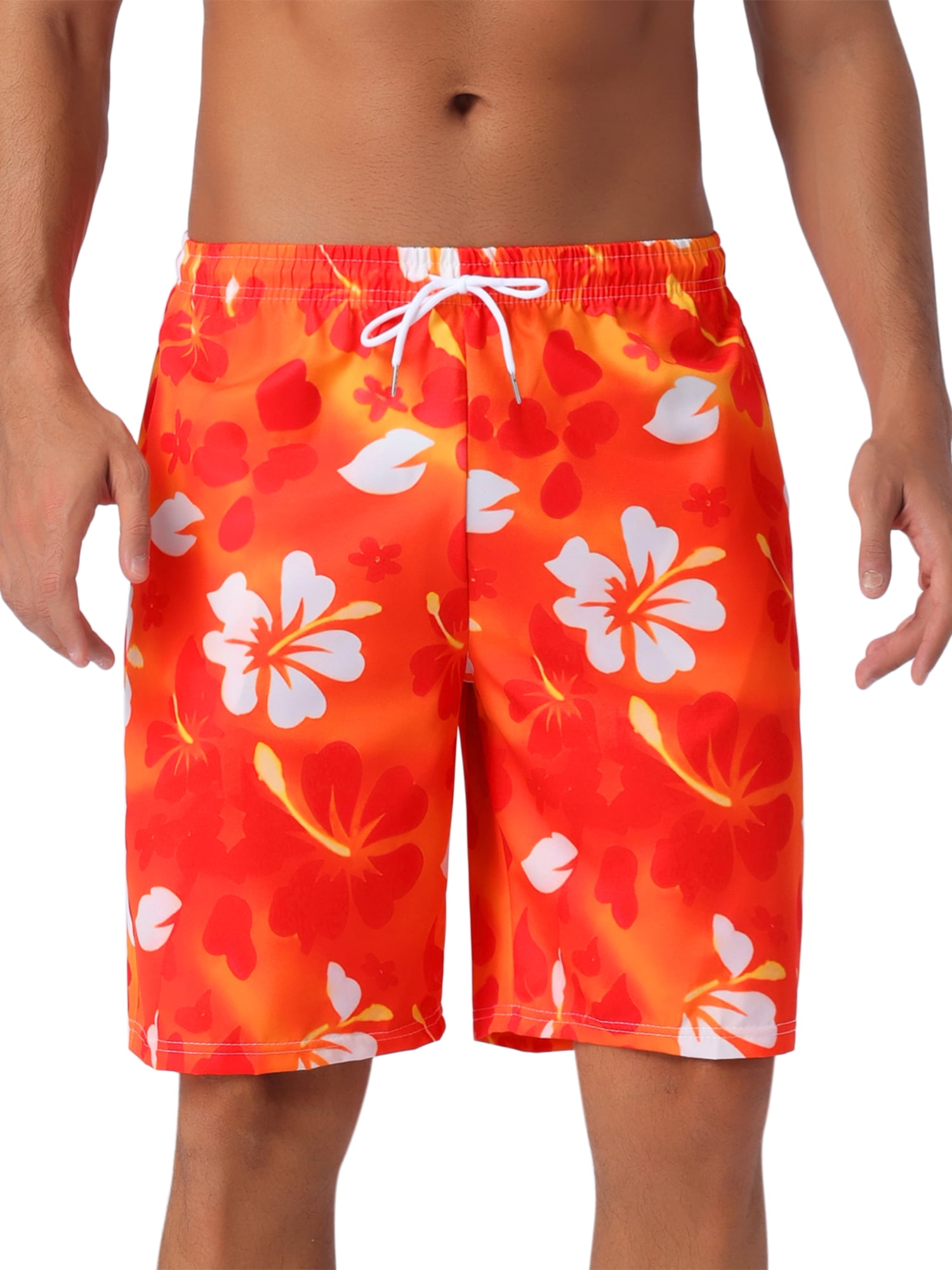 DARING DIVA Men's Floral Print Elastic Waist Drawstring Hawaiian Beach Swim Shorts 30 Red