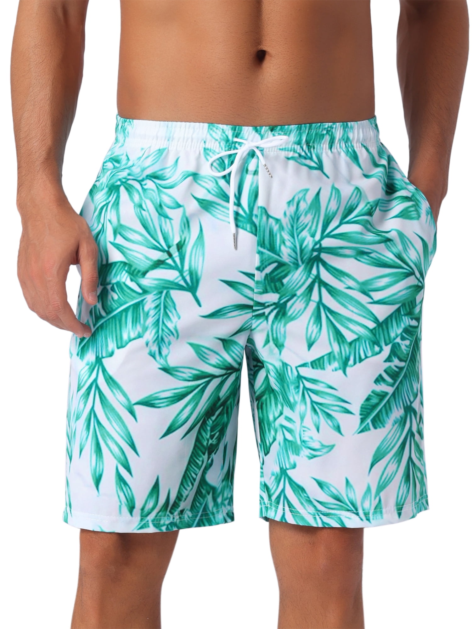 DARING DIVA Men's Floral Print Elastic Waist Drawstring Hawaiian Beach Swim Shorts 36 Green White