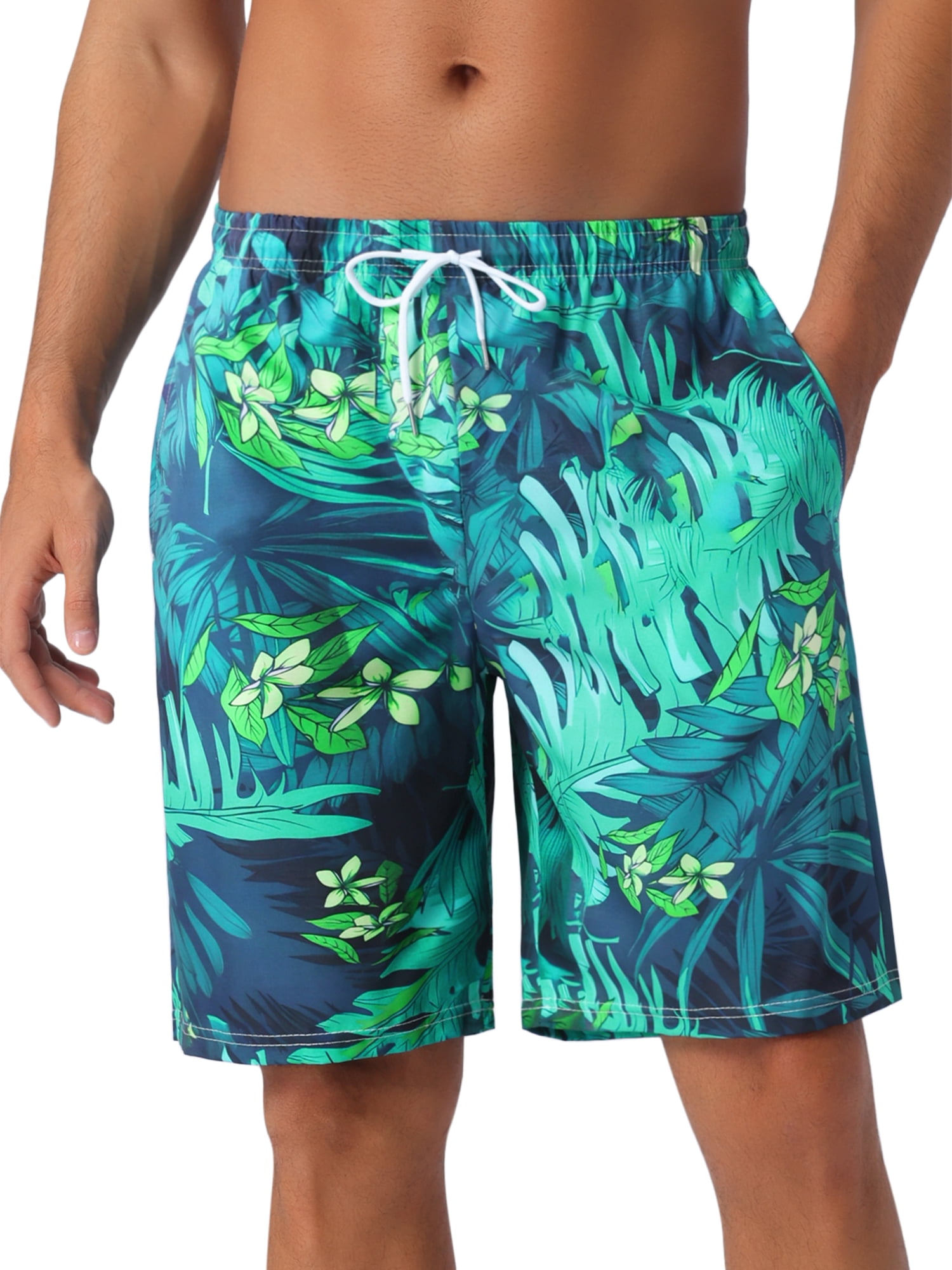 DARING DIVA Men's Floral Print Elastic Waist Drawstring Hawaiian Beach Swim Shorts 38 Dark Green