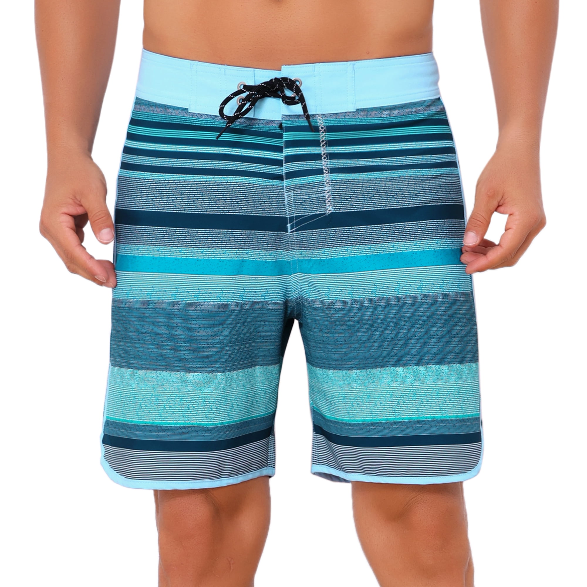 DARING DIVA Men's Drawstring Waist Color Block Striped Board Shorts 34 Light Blue