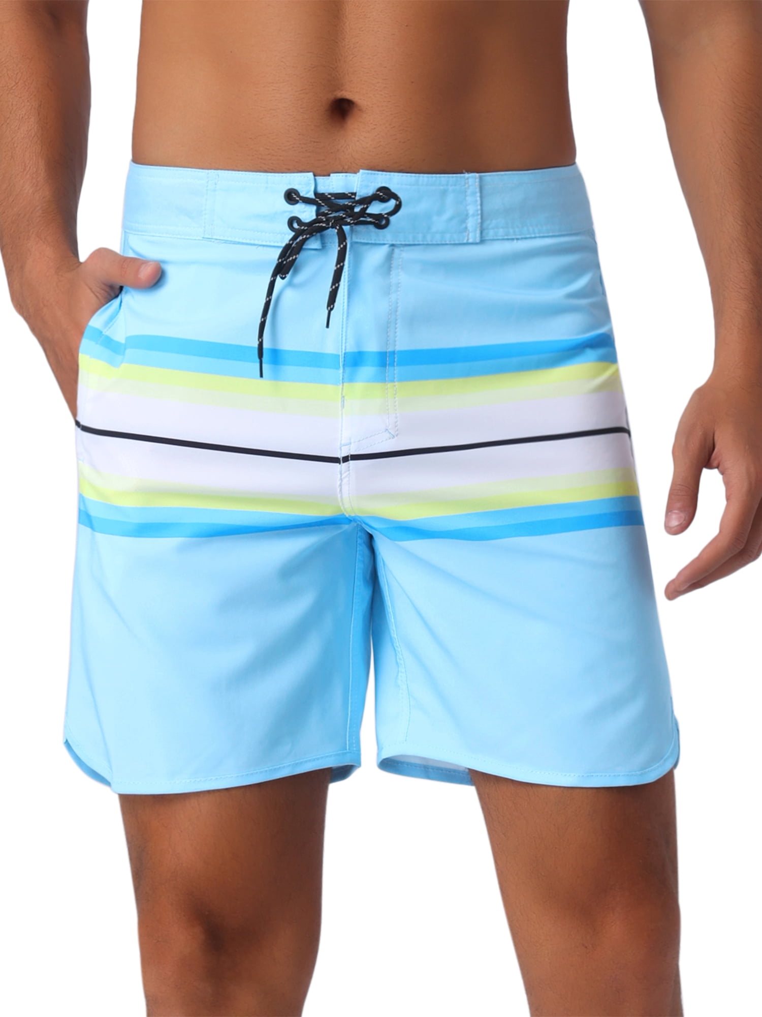 DARING DIVA Men's Color Block Drawstring Waist Pool Beach Striped Swimming Shorts 30 Light Blue