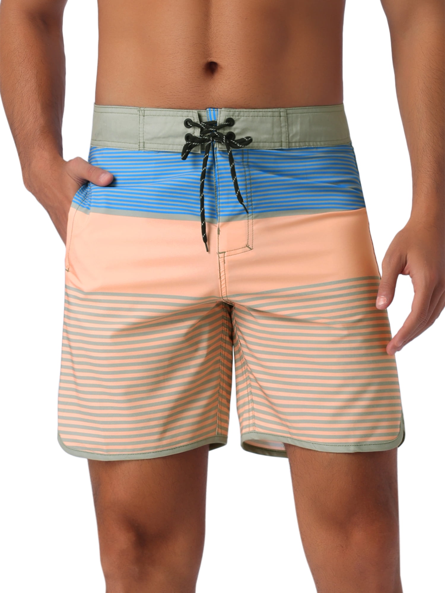 DARING DIVA Men's Color Block Drawstring Waist Pool Beach Striped Swimming Shorts 36 Orange