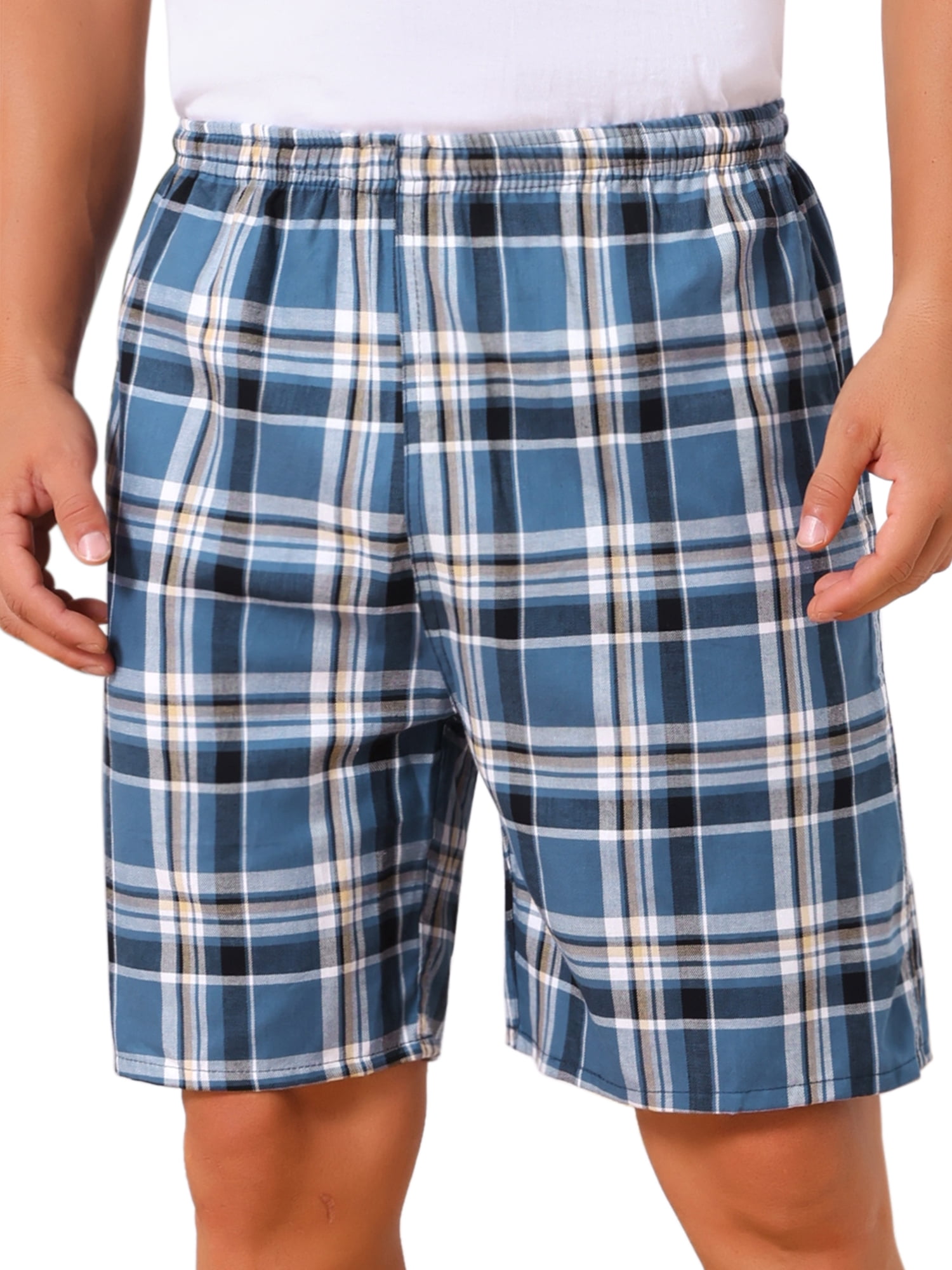 DARING DIVA Men's Elastic Waist Plaid Pajamas Sleep Shorts 30 Blue Black