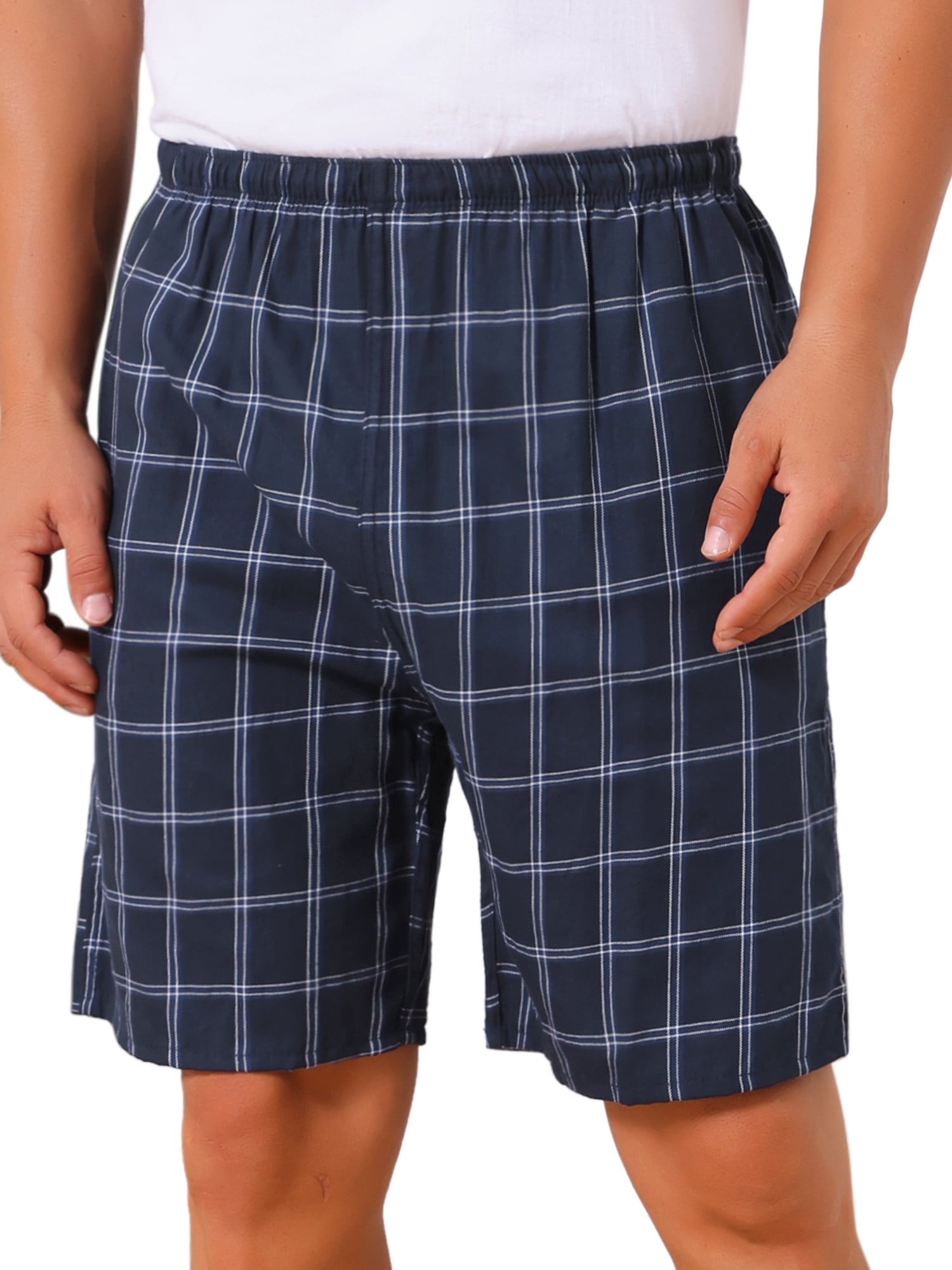 DARING DIVA Men's Elastic Waist Plaid Pajamas Sleep Shorts 30 Dark Blue