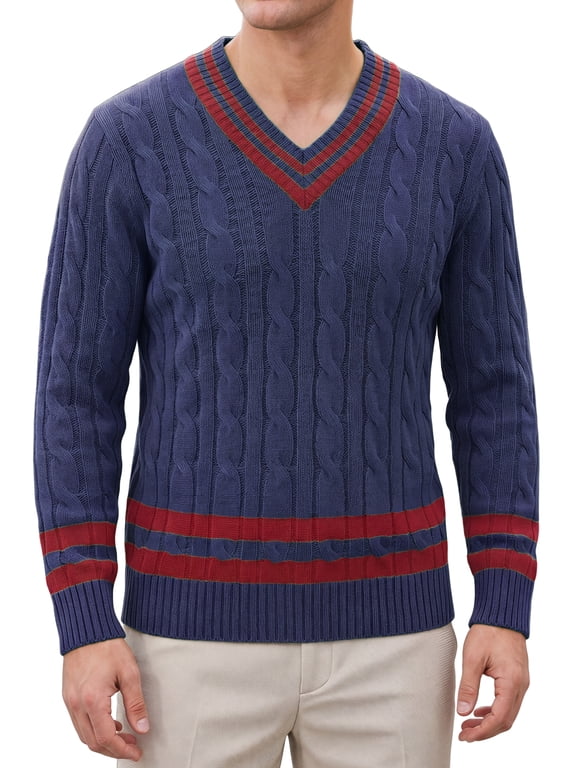 Men's Fall Cable V Neck Slim Fit Long Sleeve Pullover Knit Sweater M Navy Blue